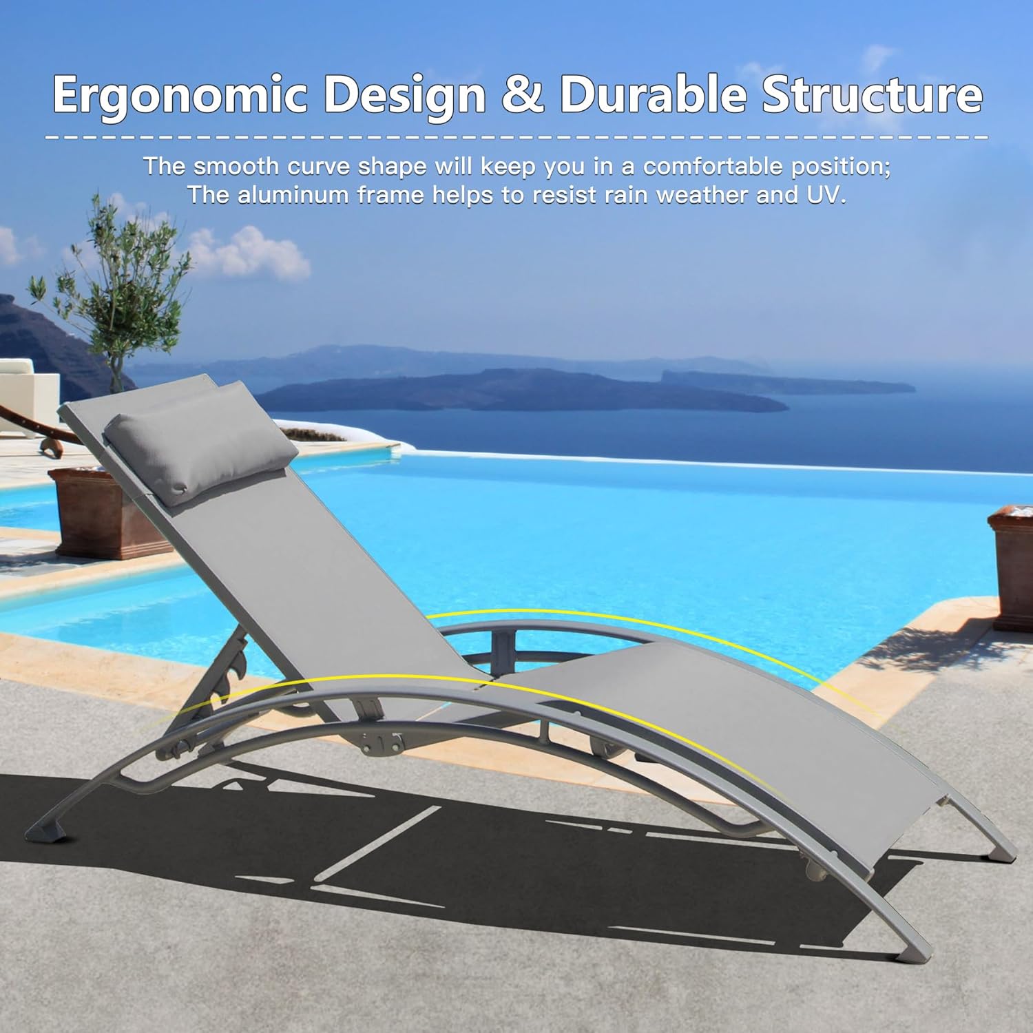 Domi – Juego de 2 sillas de piscina ajustables de aluminio, para exteriores, sillas de piscina para todo tipo de clima, para terraza, césped,