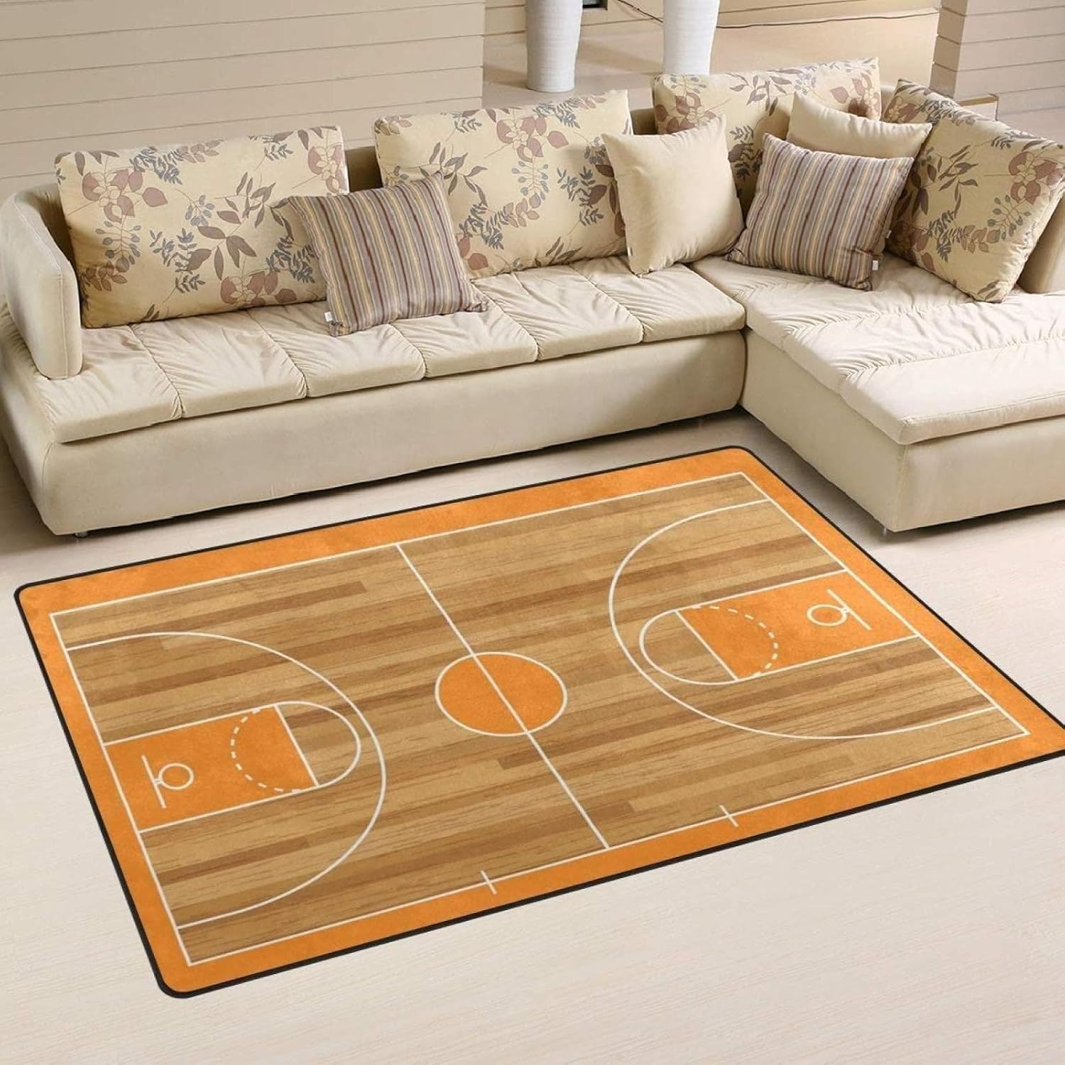 Alfombras de baloncesto para niños, diseño geométrico de líneas blancas y naranjas, alfombra para dormitorio, suave, lavable a máquina, duradera,