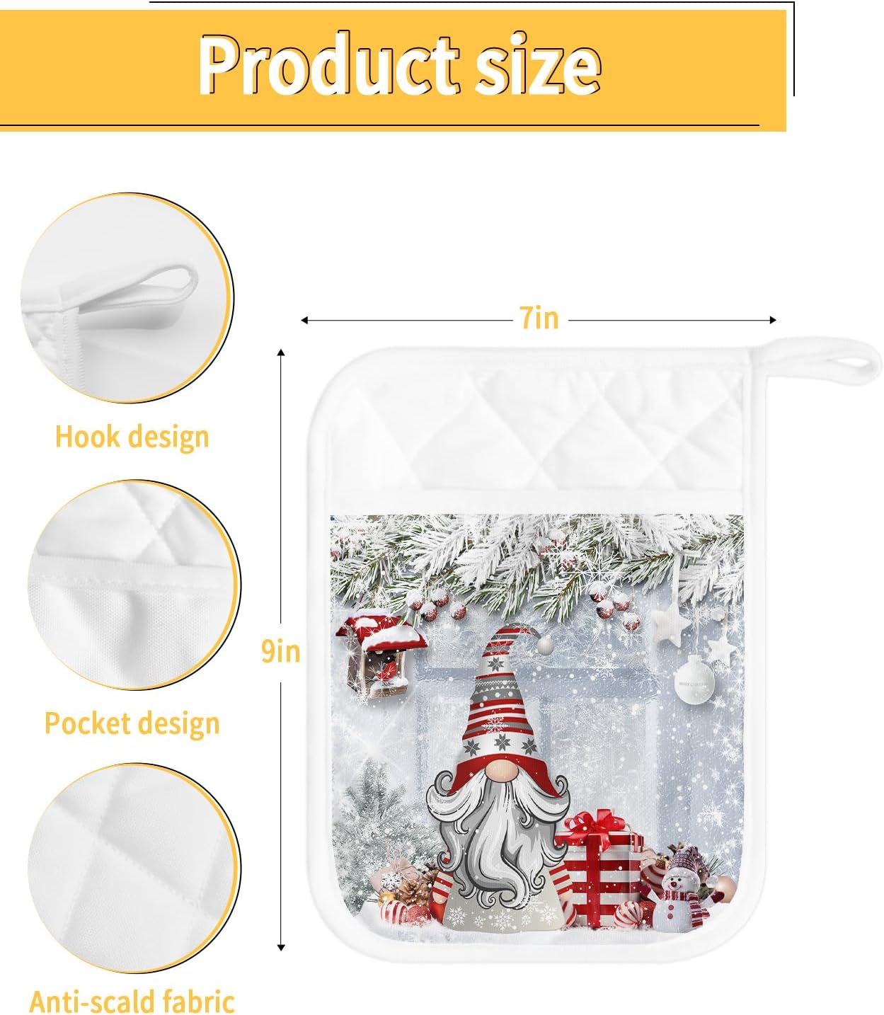 Juego de 2 agarraderas de gnomos de Navidad para cocina, antideslizantes y aislantes de calor, juego de agarraderas de tela de toalla con bolsillo,