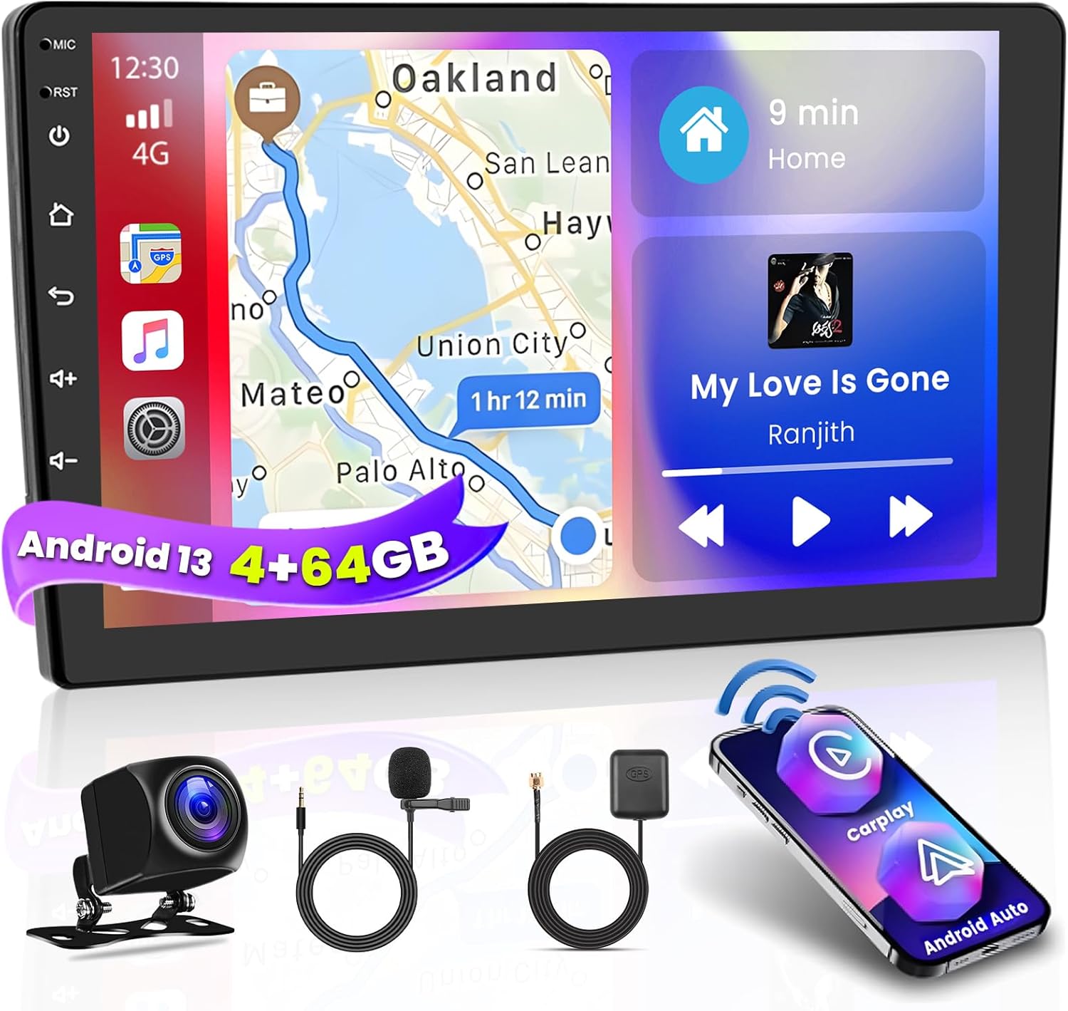 Hikity Android 13 Estéreo de coche inalámbrico Apple Carplay Android Auto, 8 Core 4+64G Doble Din 9 pulgadas Pantalla táctil Audio del coche