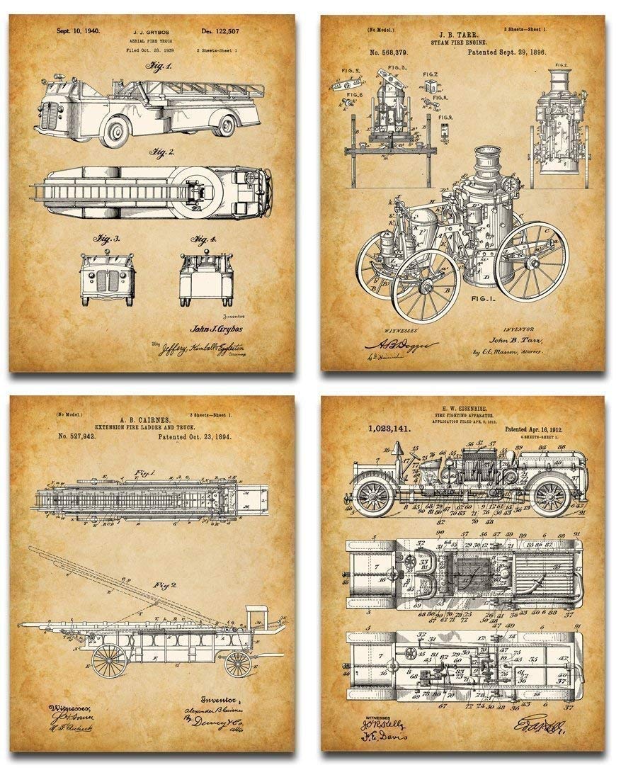 Original Fire Fighter Patent Art Prints – Set of Four Photos (8×10) Unframed – Makes a Great Fire Station Decor and Gift Under $20 for Firefighters