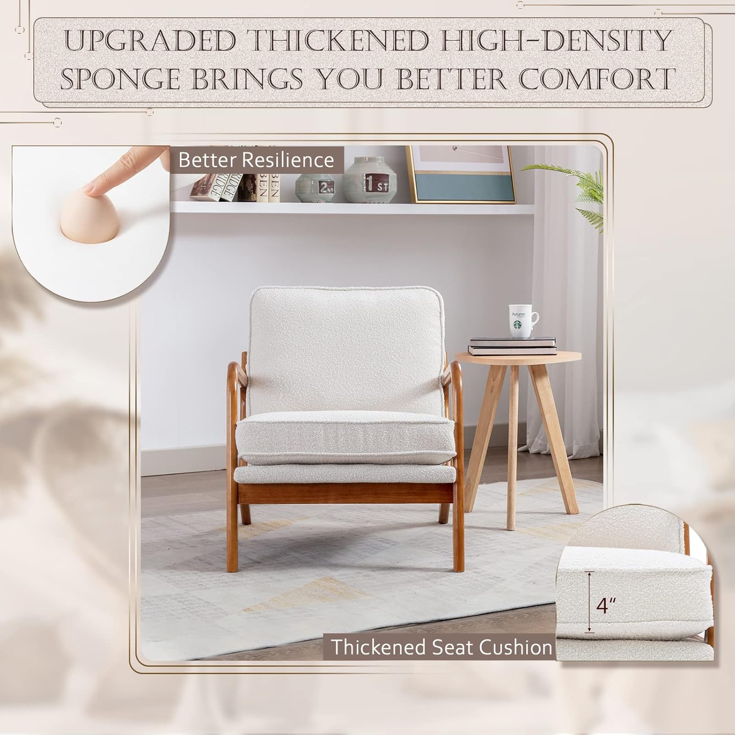 KINFFICT Silla decorativa tapizada de mediados de siglo, cómoda silla de descanso con cojín grueso, moderna silla de madera con brazos, silla de
