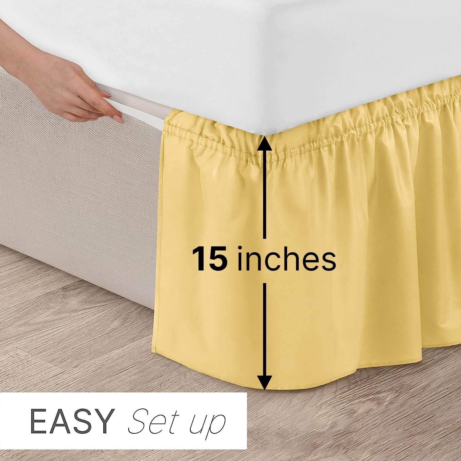 CGK Linens – Falda de cama envolvente con volantes, color amarillo, para camas de tamaño matrimonial con caída de 15 pulgadas, correa elástica de