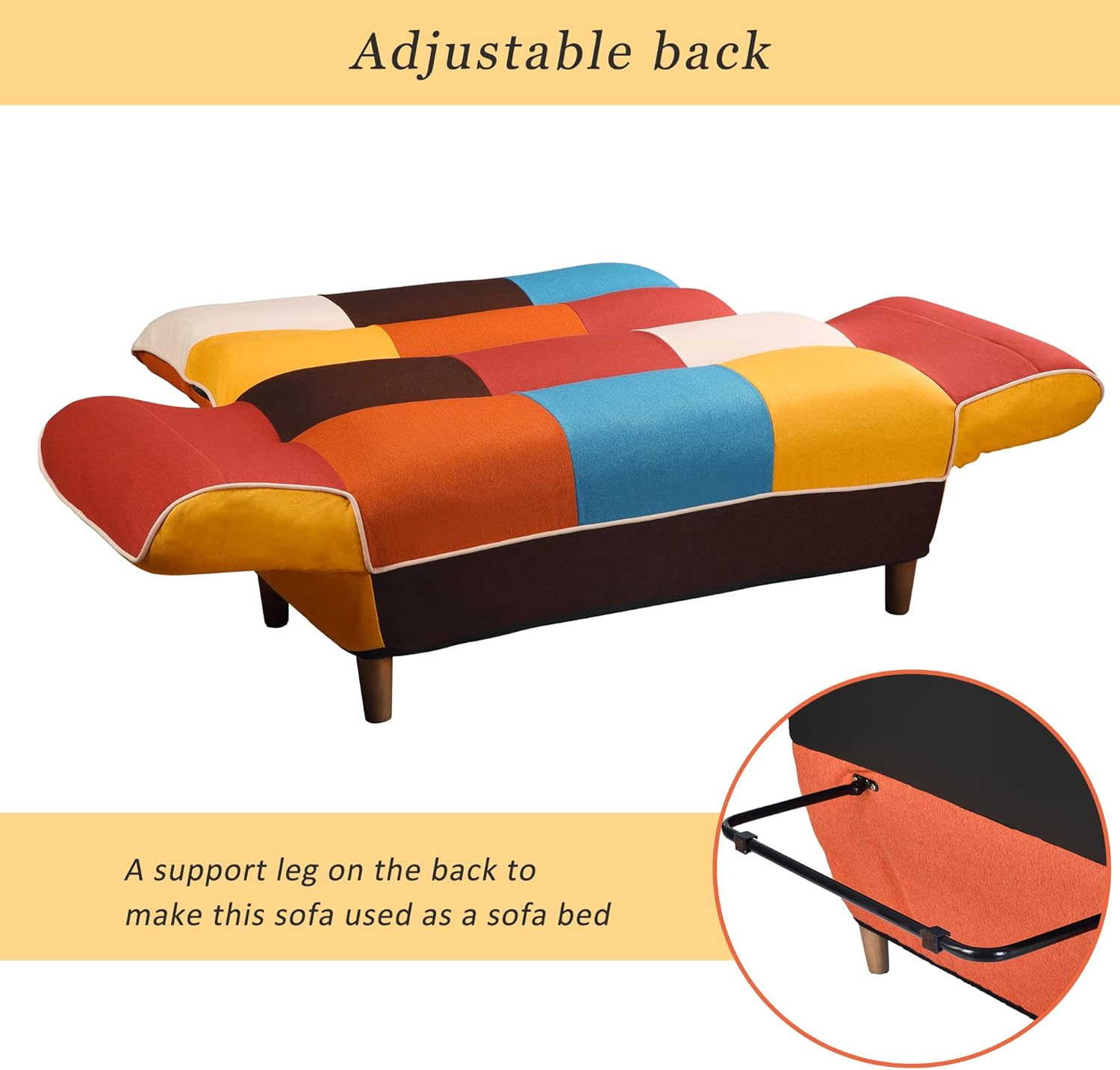 Cama convertible con 2 almohadas, futón biplaza, sofá reclinable con reposabrazos ajustables y patas de madera, sofá de sala con respaldo de 3