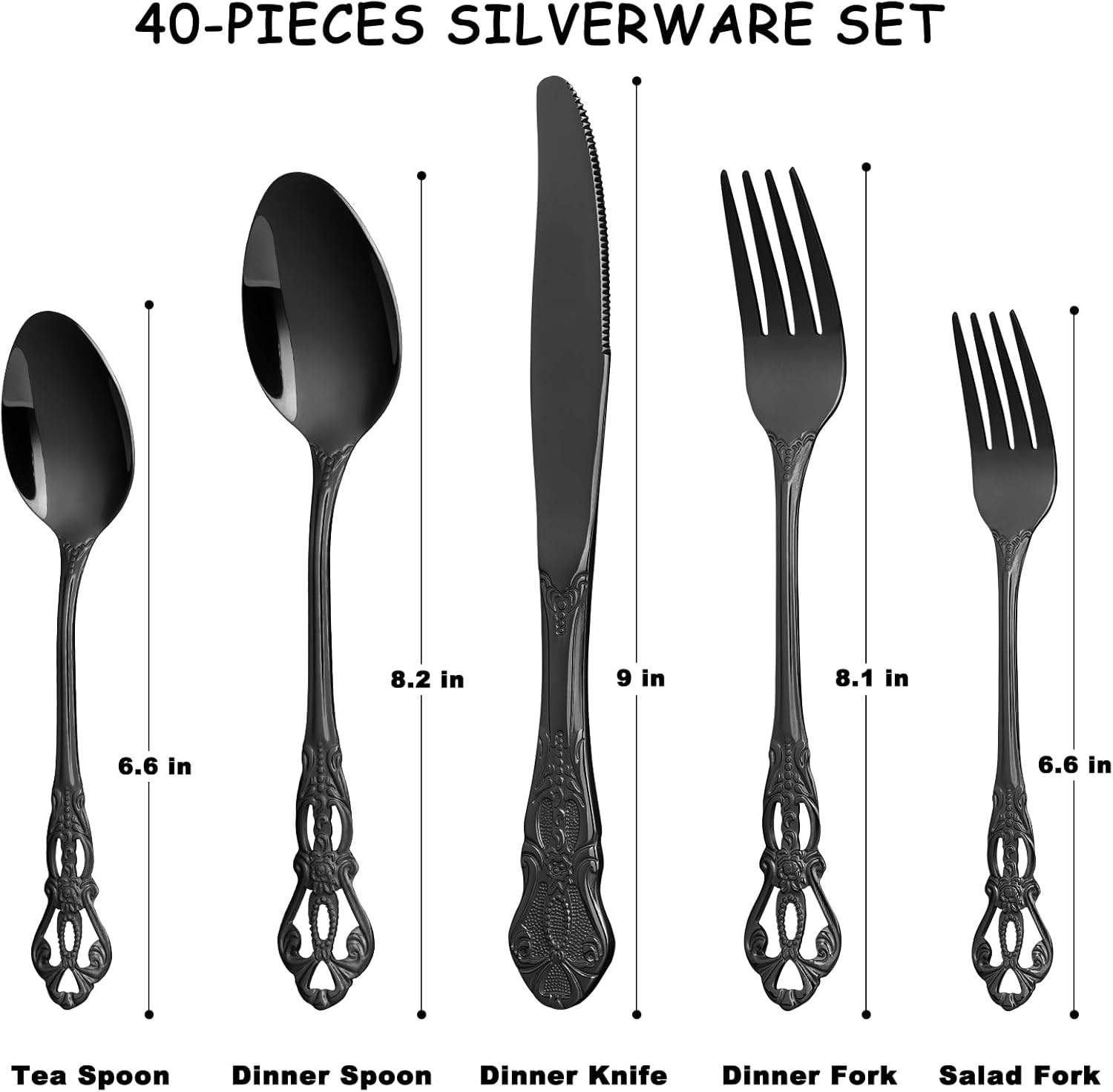 Juego de cubiertos negros para 8, juego de cubiertos de acero inoxidable, juego de cubiertos retro real, 40 piezas, juego de utensilios de cocina,
