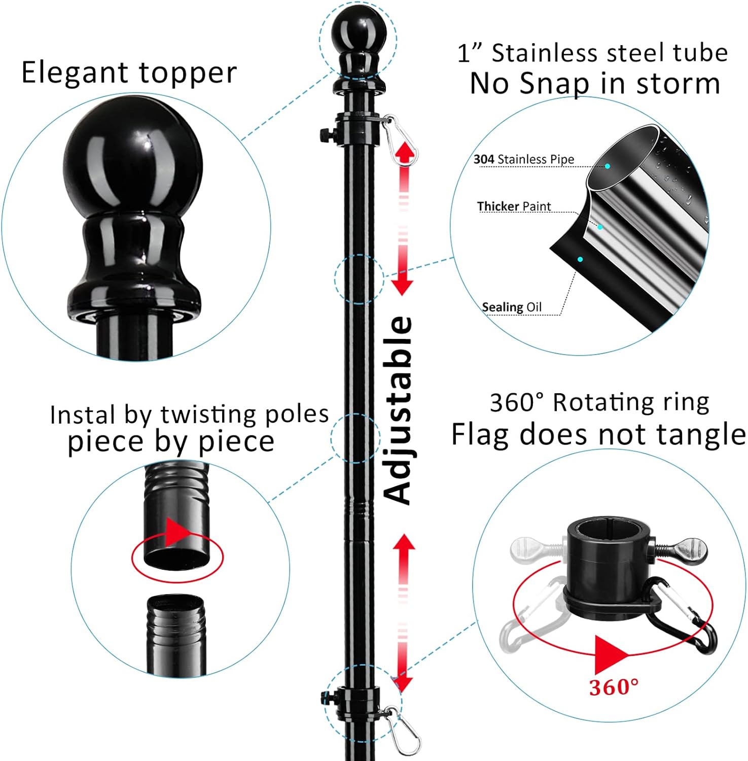 Mástiles de bandera negra para exteriores en el suelo, poste de bandera de 8 pies para casa con base de 2 puntas, kit de asta de bandera de acero