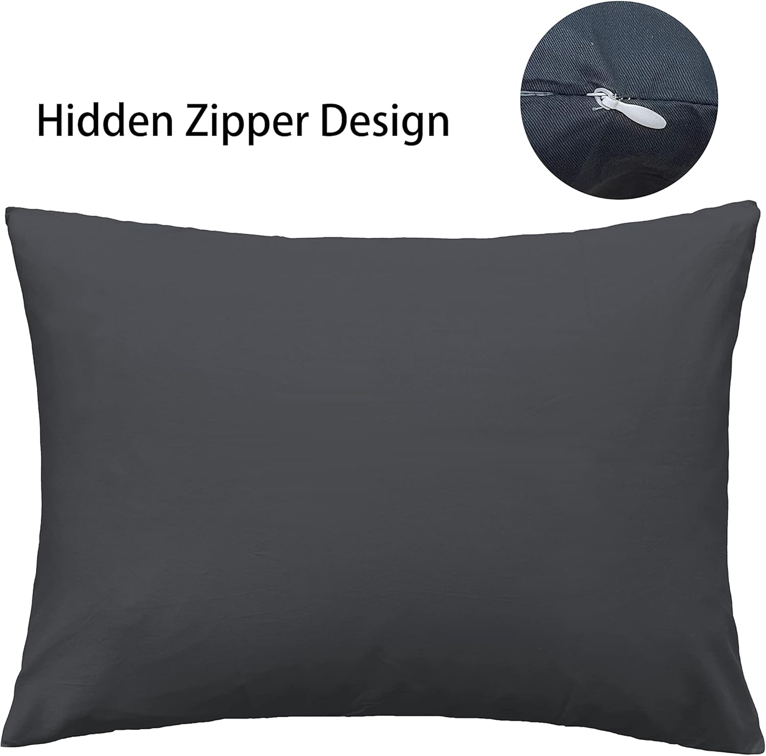 Funda de almohada suave 100% algodón egipcio con cremallera, acogedora y ligera, juego de 2, gris oscuro, tamaño King, 20 x 36 pulgadas