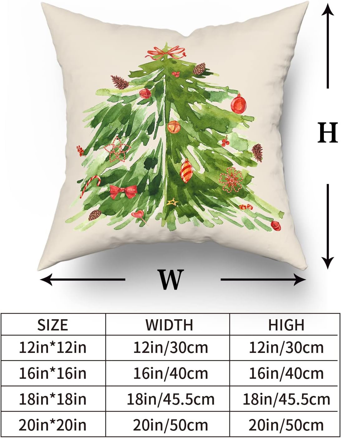 Kawani Juego de 2 fundas de almohada cuadradas decorativas con diseño de árbol de Navidad en acuarela de 20 x 20 pulgadas, fundas de almohada