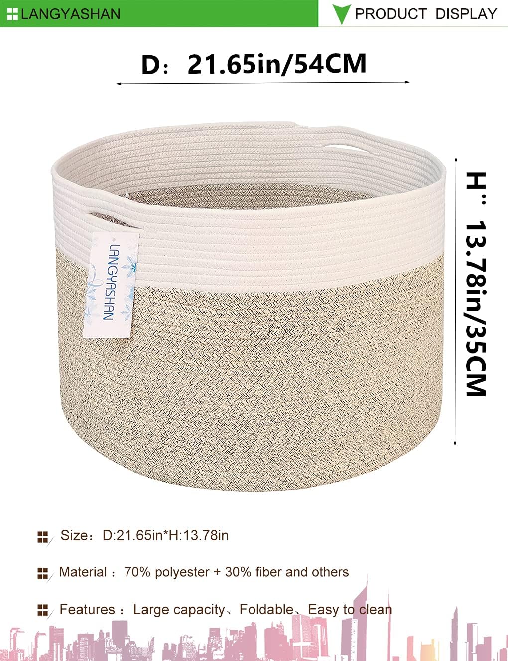 LANGYASHAN Cesta decorativa grande de cuerda tejida para sala de estar, juguetes, sofá, mantas de almacenamiento o cuarto de bebé, cesta redonda