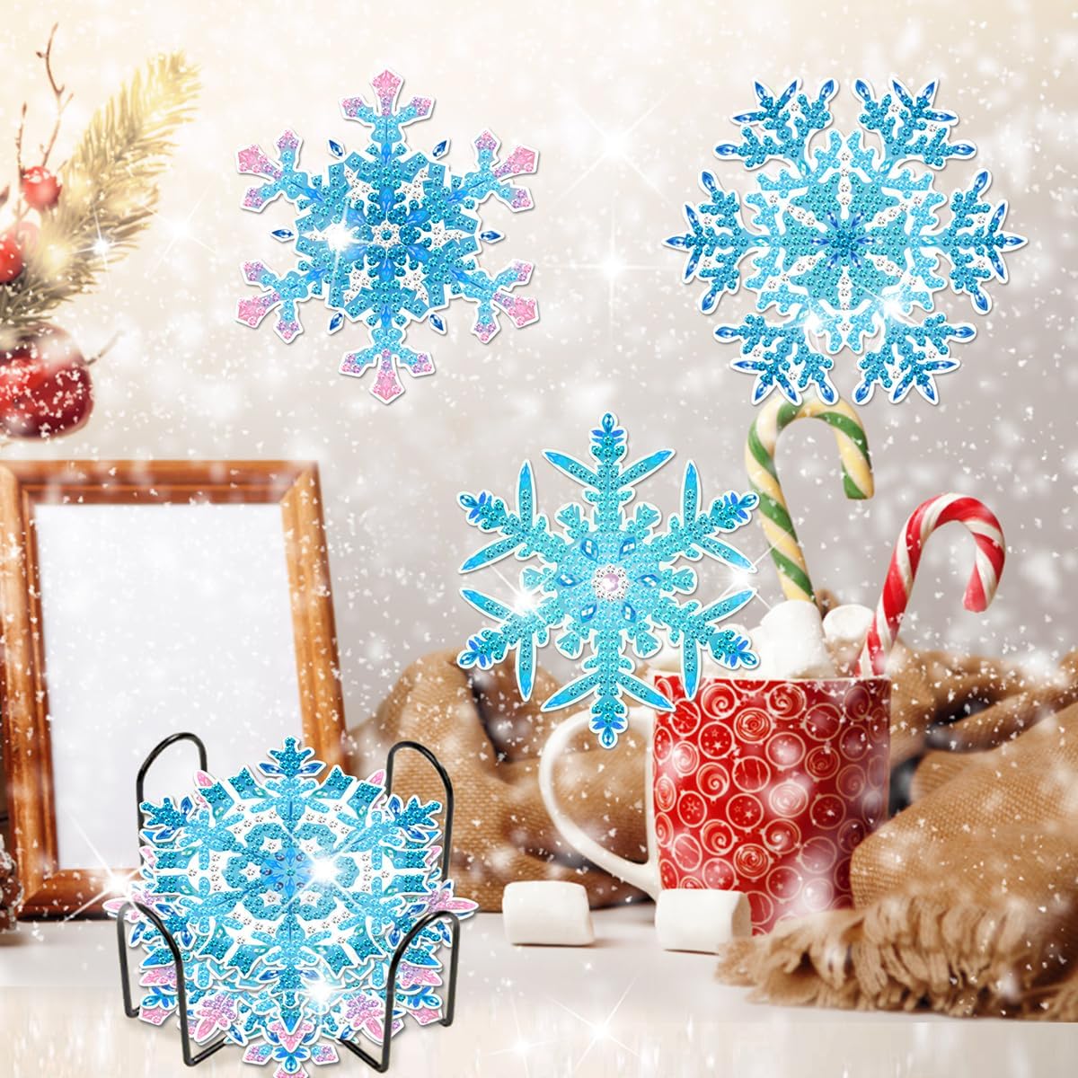 8 posavasos de pintura de diamantes de copo de nieve con soporte, posavasos de arte de diamantes de copo de nieve congelado, posavasos redondos de