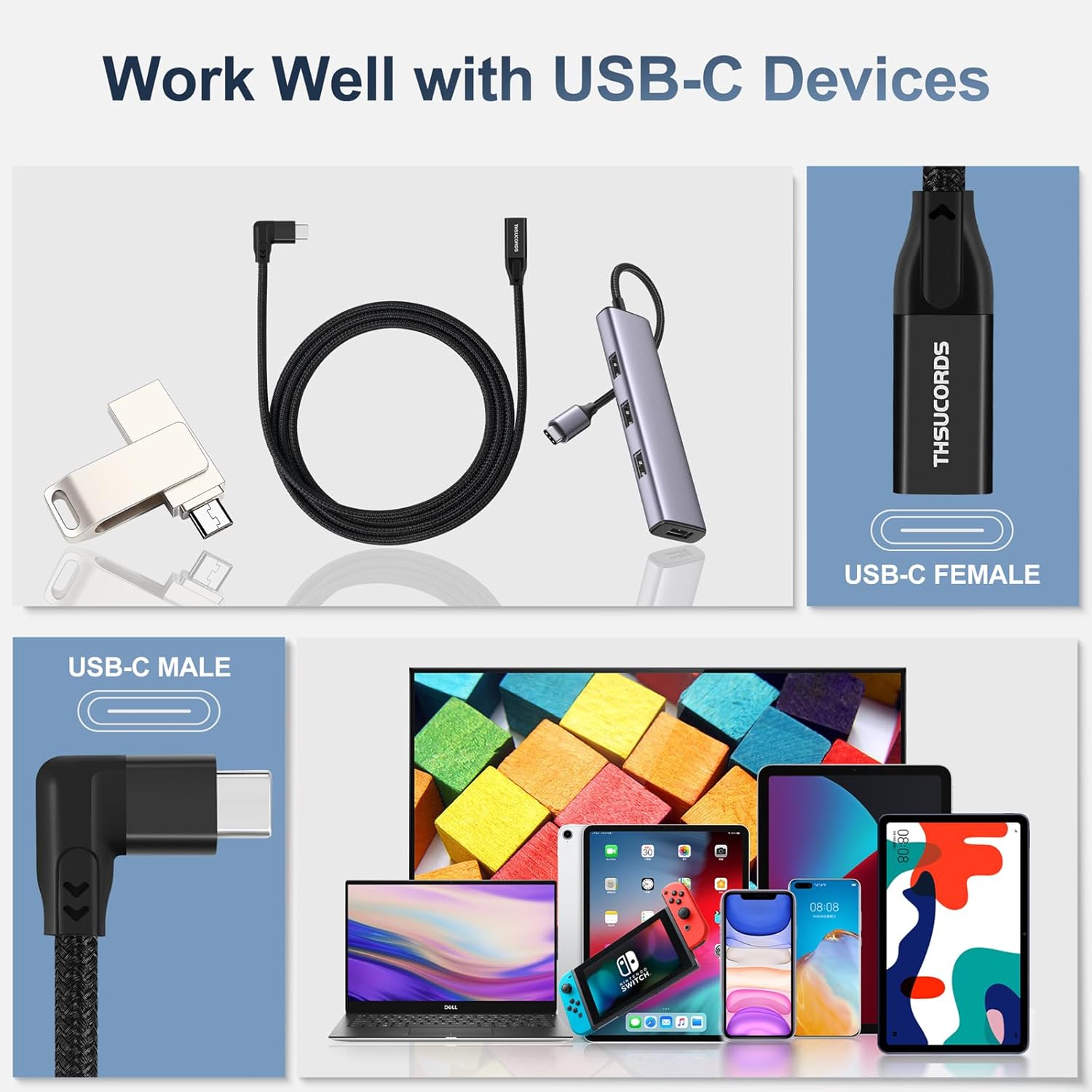 Cable de extensión USB C de ángulo recto de 90 grados, USB C 3.2 Gen2 macho a hembra 20Gbps 4K video tipo C cable extensor para MacBookiPad