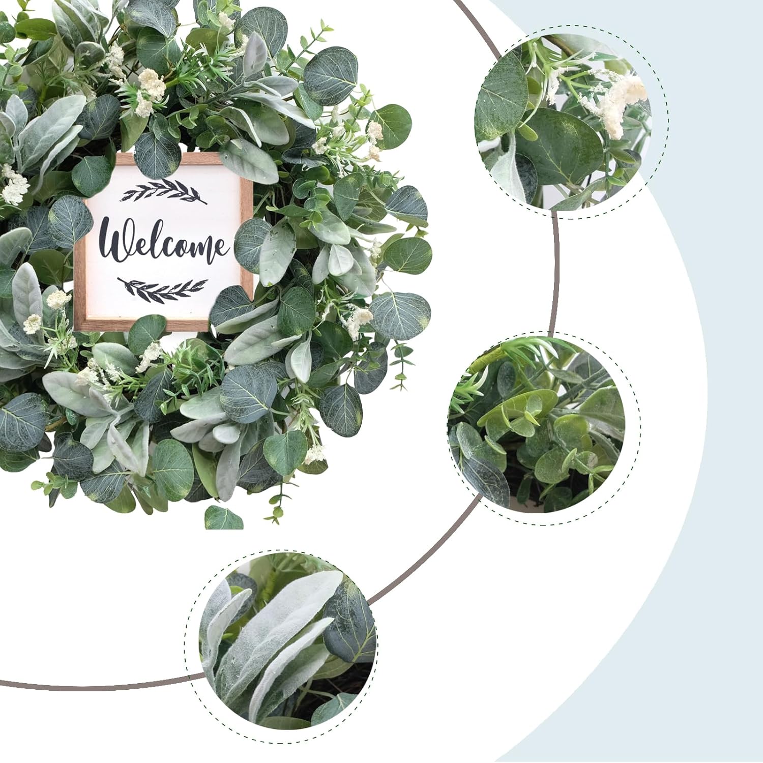 Bibelot Corona de eucalipto artificial verde para puerta delantera, corona de primavera y verano de 18 pulgadas con letrero de bienvenida para