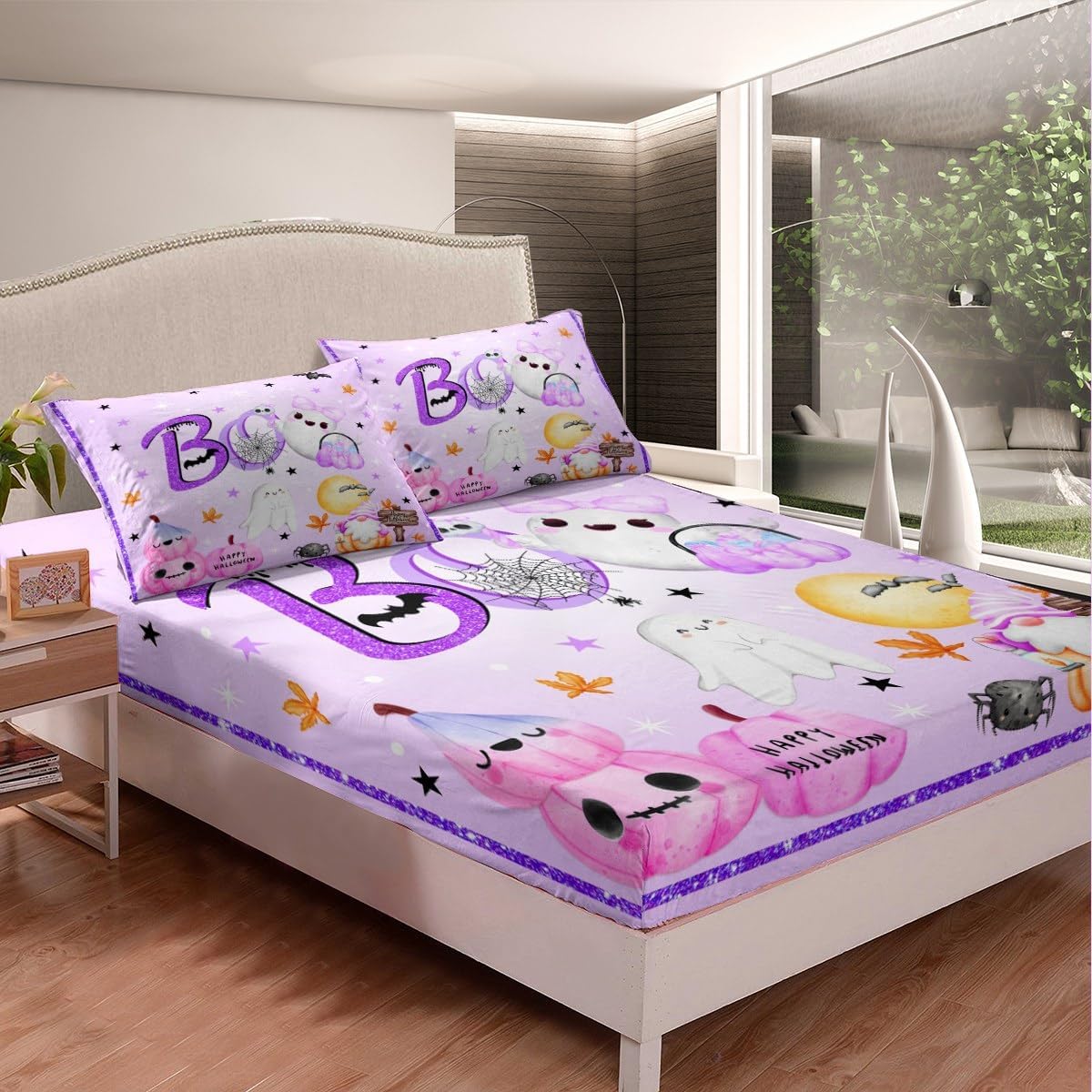 Juego de sábanas Kawaii de fantasma, tamaño King, juego de ropa de cama de Halloween morado de 4 piezas para decoración de habitación de niños y