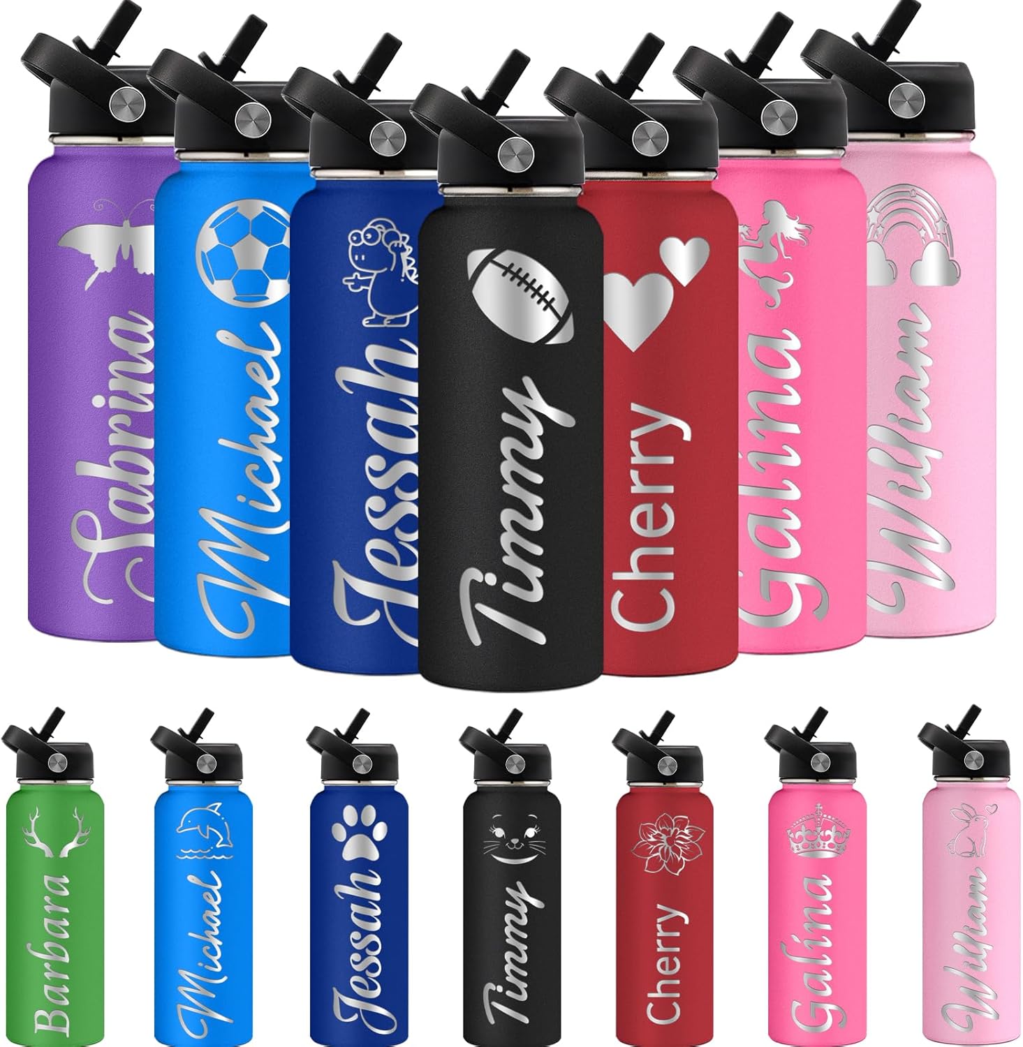 Botellas de agua personalizadas con tapa de popote para deportes, botella de agua aislada de acero inoxidable personalizada con nombre o texto,