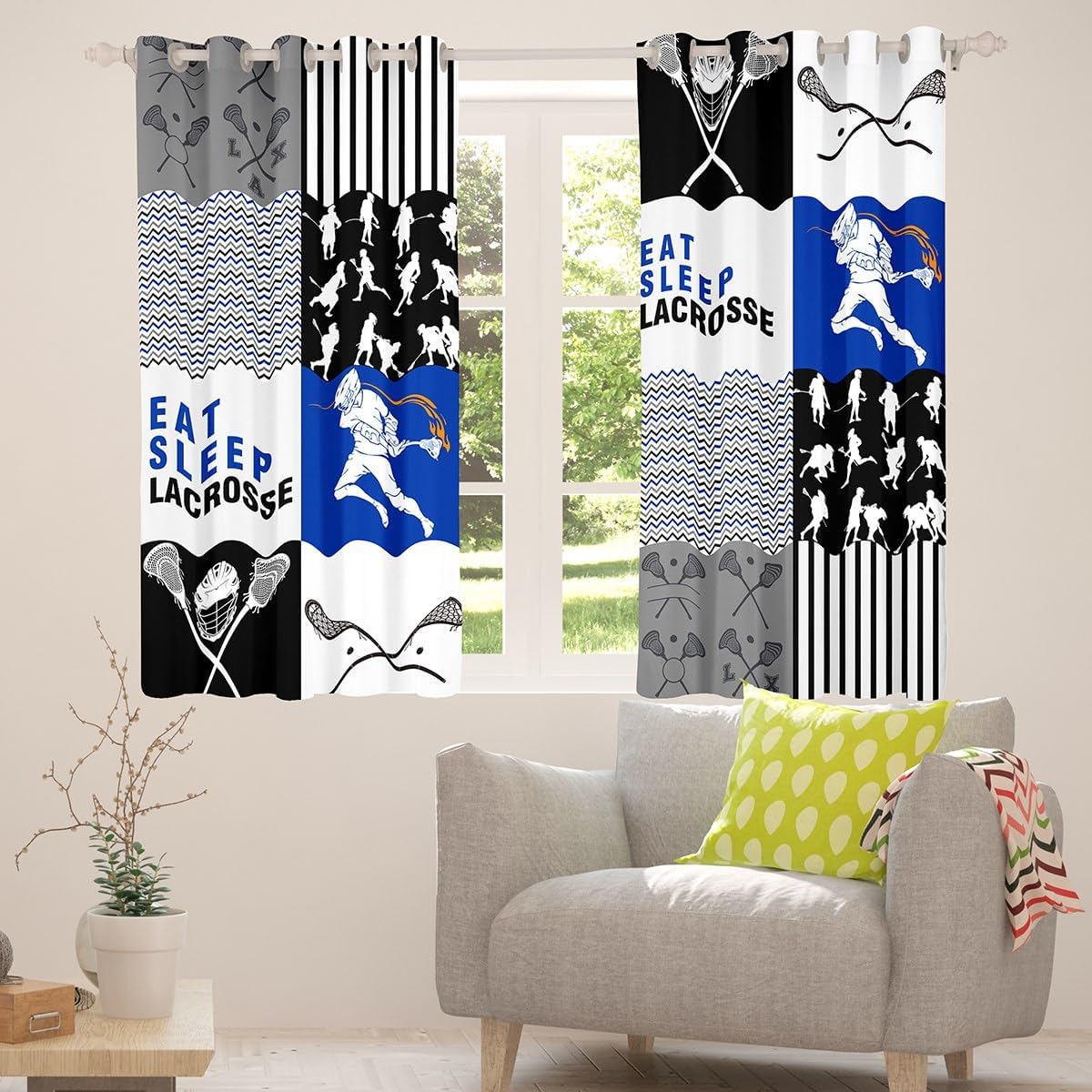 Erosebridal Cortinas opacas de lacrosse para niños, de 42 x 63 pulgadas, cortinas geométricas de retazos y cortinas para adolescentes, 2 paneles