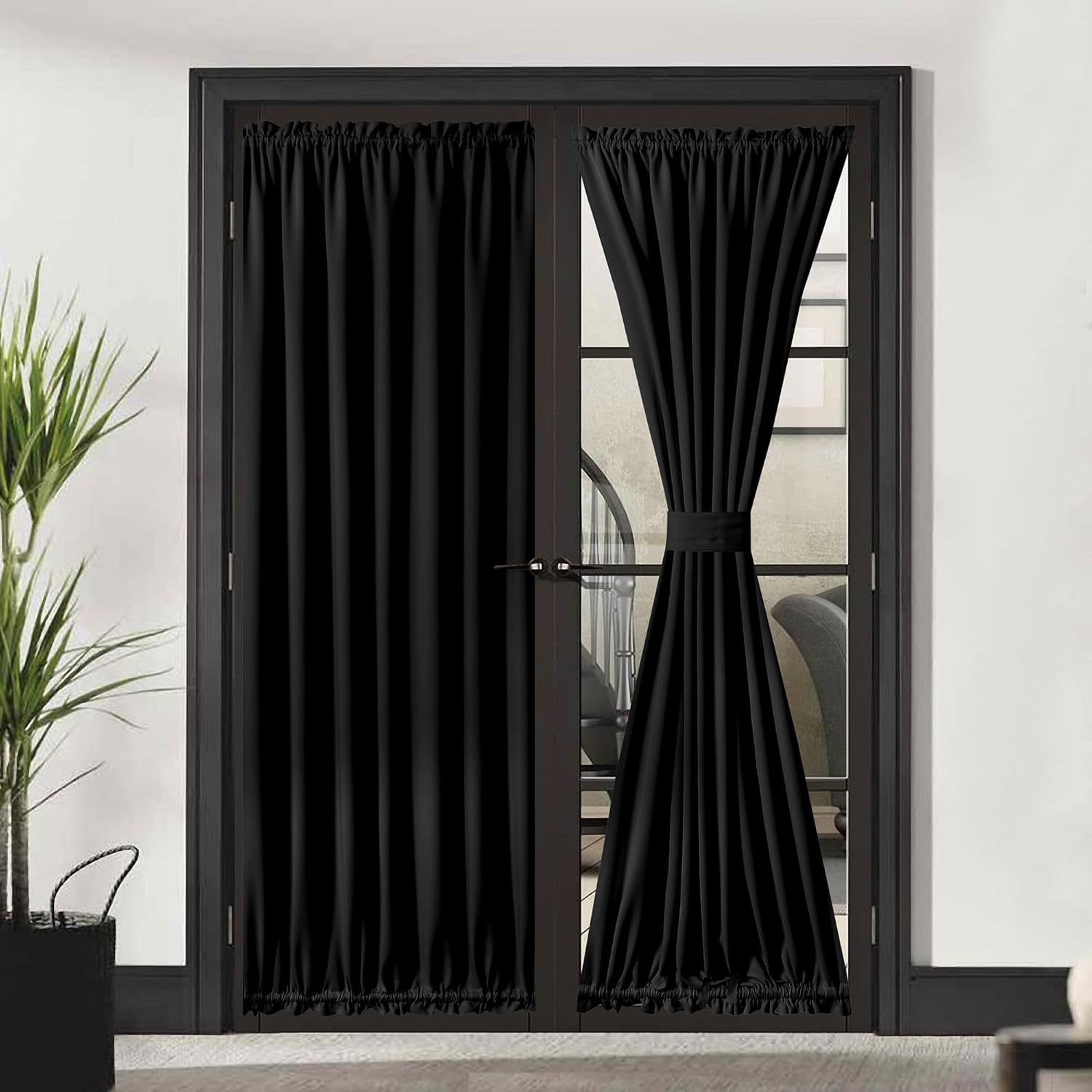 Cortina de puerta francesa para privacidad de puertas, cortina negra para ventana de puerta delantera, cortina con bolsillo para barra para puerta