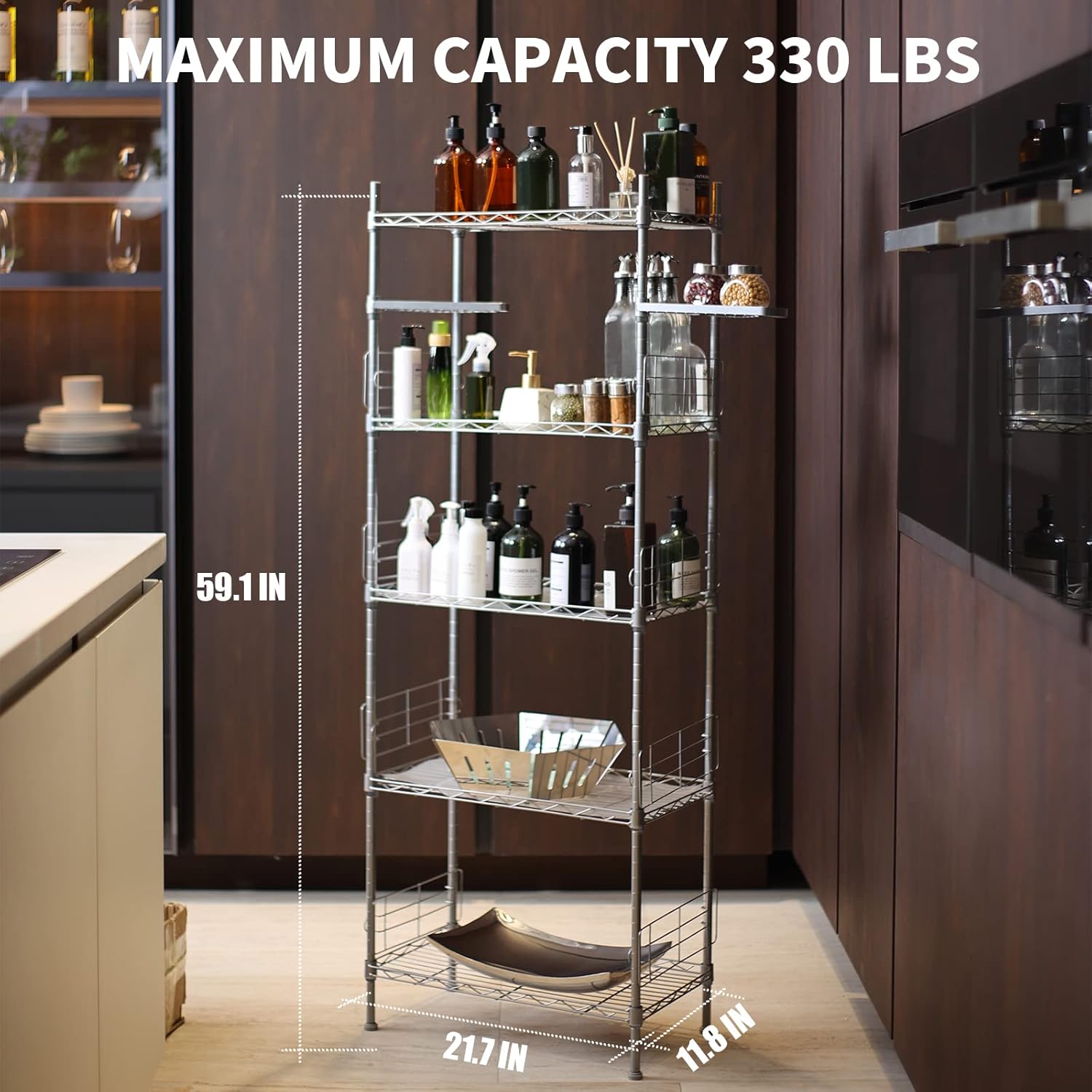 Hestiasko Estante de almacenamiento de 5 niveles con 2 estantes giratorios, estante de almacenamiento ajustable con 5 ganchos, estante de metal,