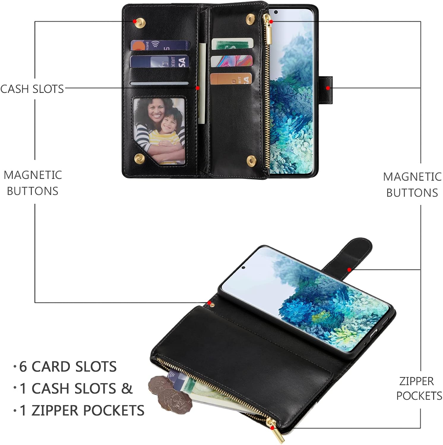 UEEBAI Funda tipo cartera para Samsung Galaxy S21 5G, flor PU cuero cierre magnético bolso bolsillo cremallera bolsillo caso Kickstand ranuras con