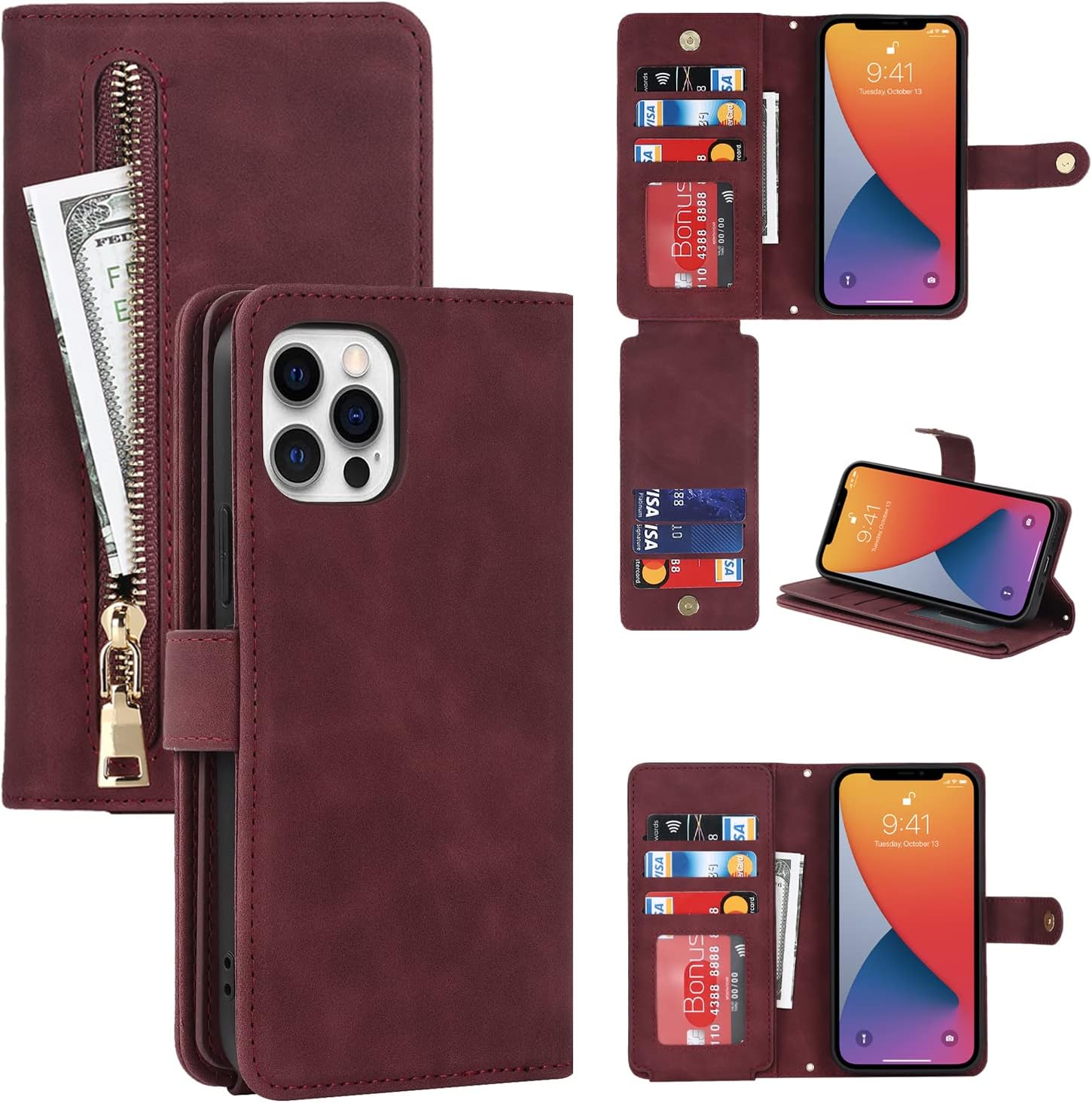 Havaya Funda para iPhone 12 con tarjetero, para iPhone 12 Pro, funda tipo cartera para mujer, funda tipo cartera con cremallera y ranuras para