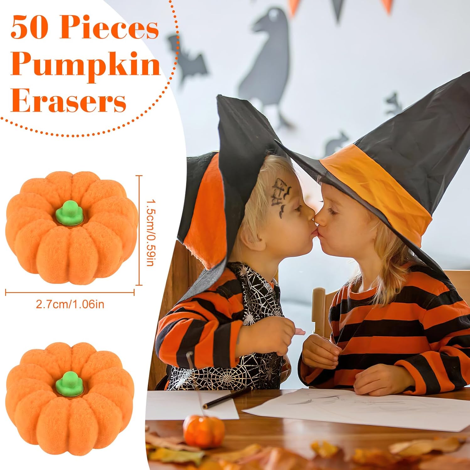 PLULON 50 borradores de calabaza a granel para niños, mini borrador de lápiz 3D de goma de cemento para Acción de Gracias, Halloween, recuerdos de