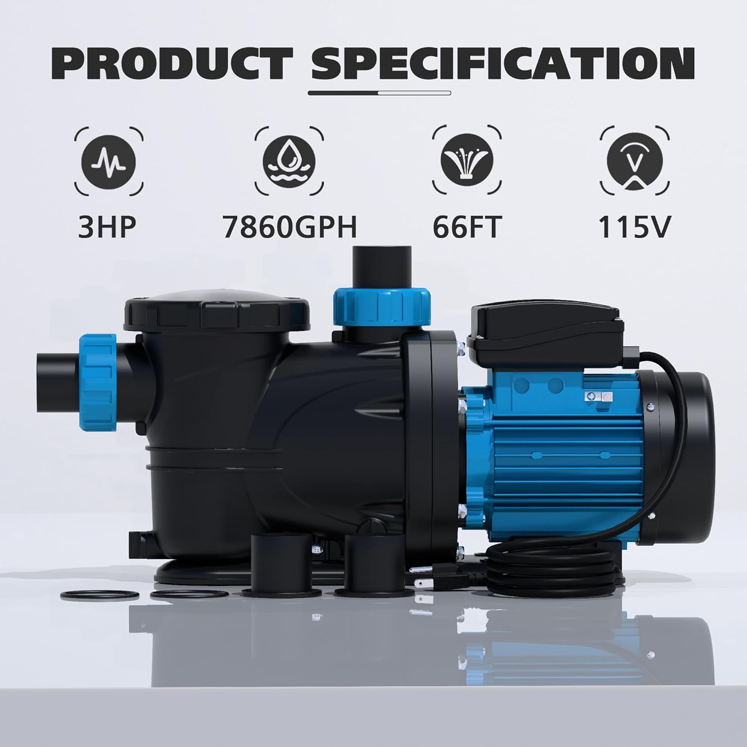 Bomba de piscina de 3 HP con temporizador, 7860 GPH sobre el suelo, temporizador de bomba de piscina 115 V, bombas de piscina enterradas de flujo de