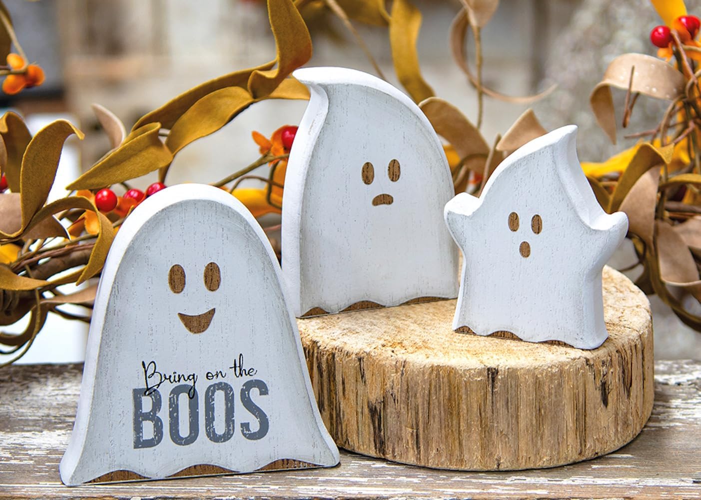 The Bridge Collection “Bring on The Boos Ghost Shelf Sitters – Juego de 3 – Decoración de Halloween para temporada espeluznante – Decoración fantasma