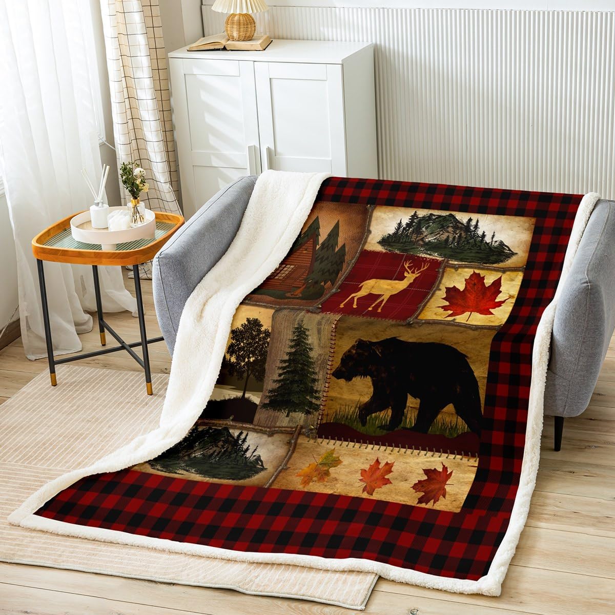 Bear Cabin – Manta de vellón a cuadros tamaño Queen, manta de vellón rústica de granja, manta retro de ciervos de caza, manta mullida de pino y