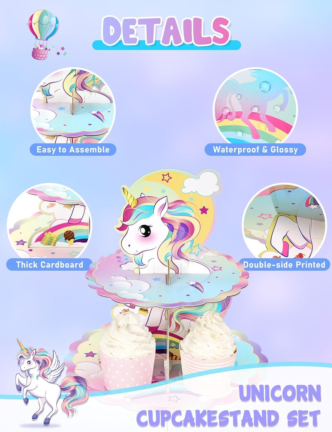 WERNNSAI Soporte para cupcakes de unicornio  2 soportes de unicornio para tartas de unicornio arco iris, decoración de cupcakes, bandeja desechable