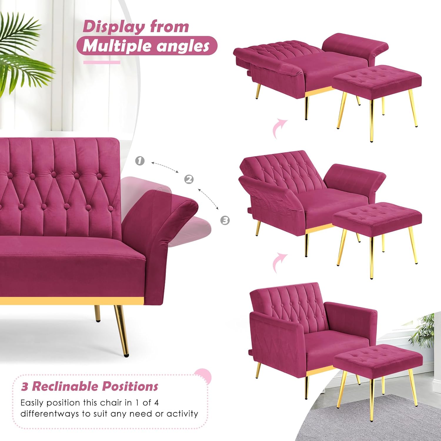 Silla decorativa de terciopelo con respaldo y reposabrazos ajustables, sillón reclinable individual con otomana y patas mentales doradas para sala