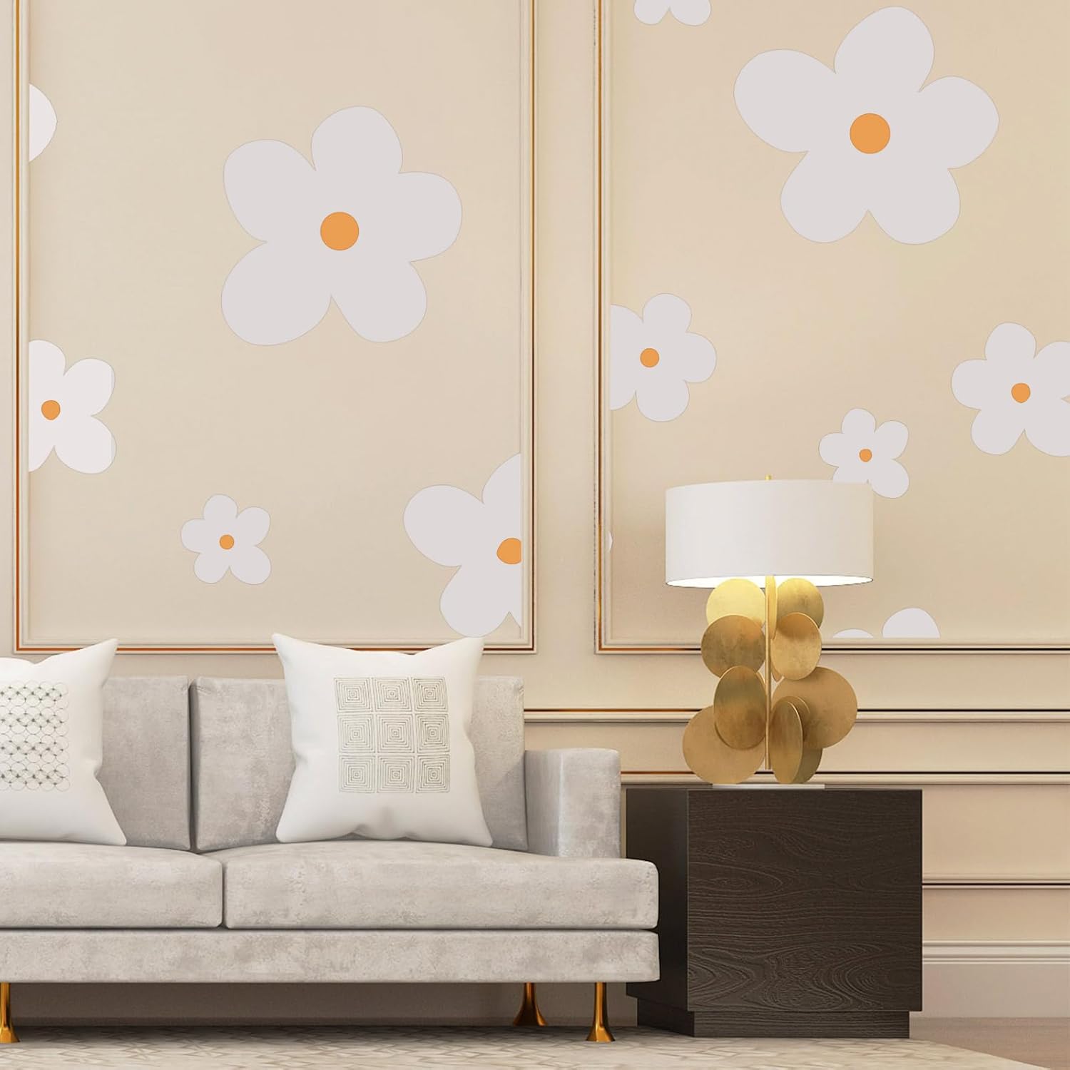 Whaline 28 calcomanías de pared de margaritas grandes, diseño de margaritas boho, beige, despegar y pegar, decoración de pared floral, vinilo para