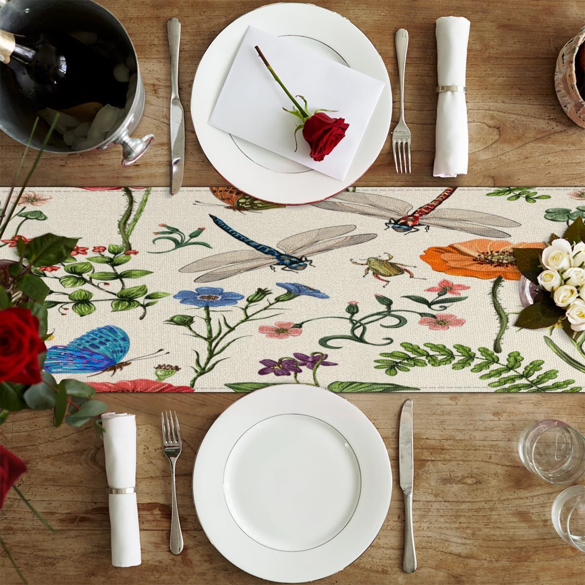 Table Runner Flower Butterfly Dragonfly, Rustic Linen Table Cloth for Farmhouse Kitchen, Dinner, Events, Party, Holiday Table Decor 13 x 36 Inches