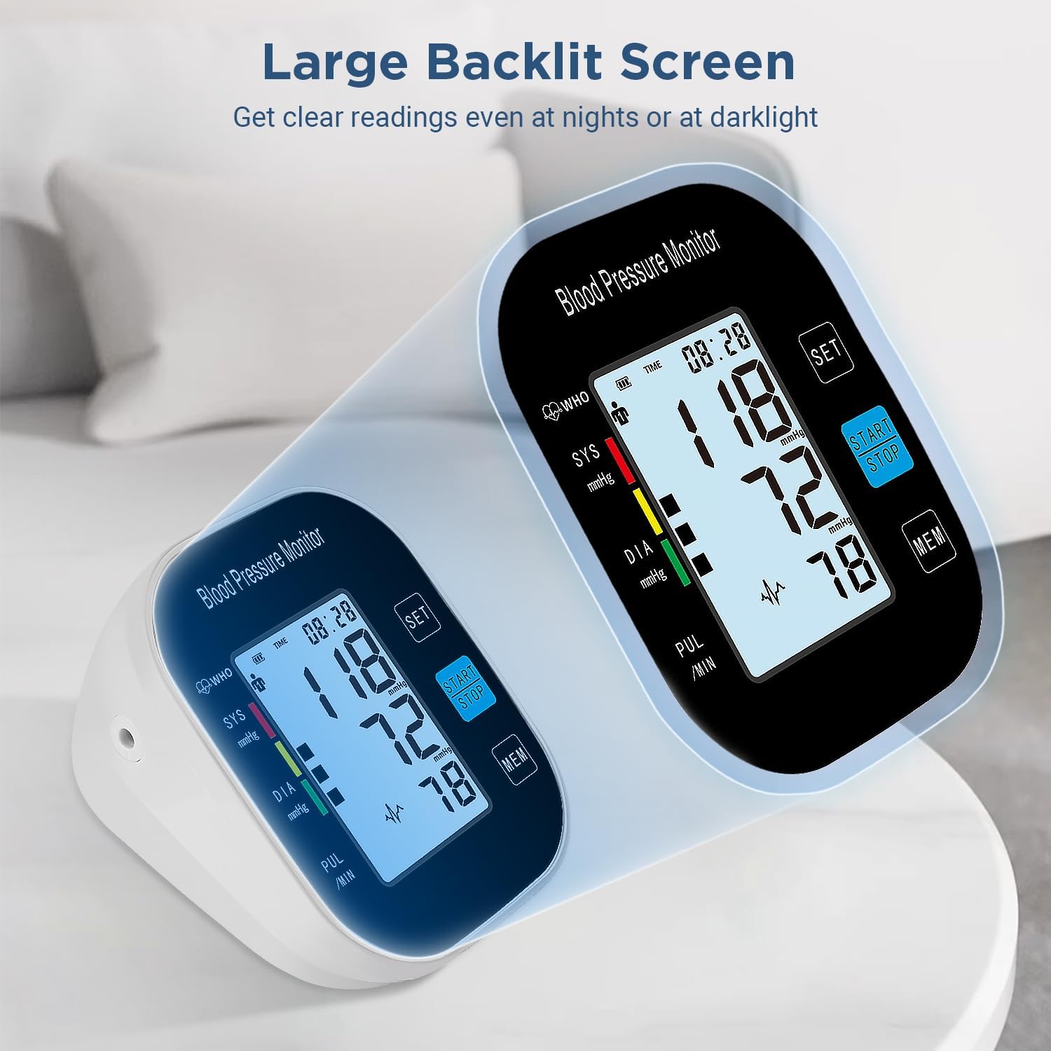 laukum Monitor de presión arterial para uso doméstico máquina automática de presión arterial con gran pantalla retroiluminada, alta precisión para 2