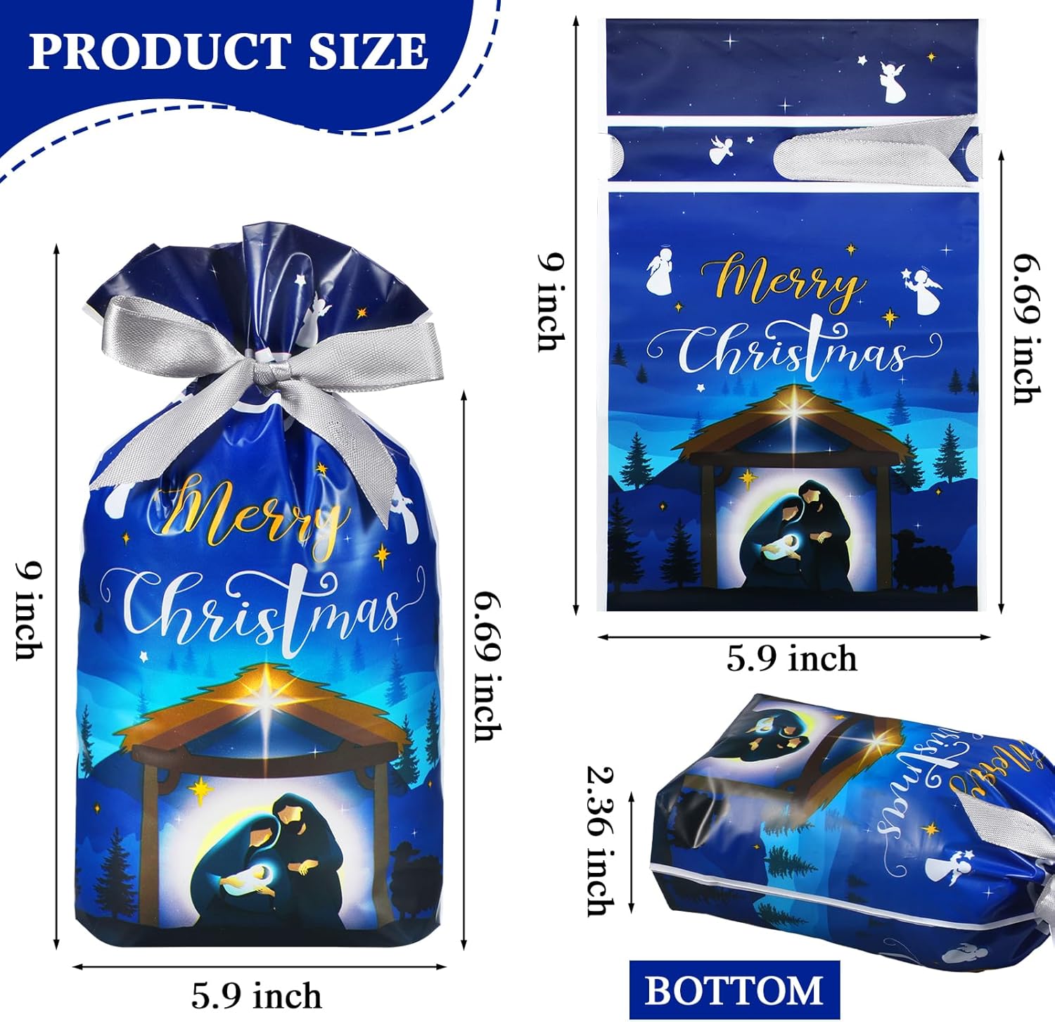 Funrous 50 bolsas de regalo de Navidad con cordón de Navidad, bolsas de plástico a granel religiosas con lazos, bolsas de regalo sagrado de Navidad