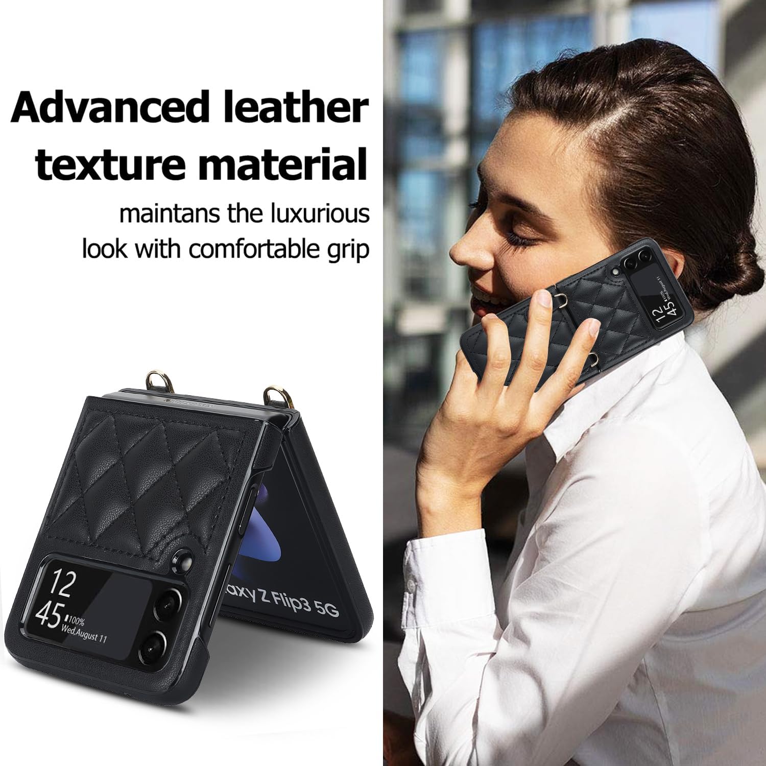 Asuwish Funda de teléfono para Samsung Galaxy Z Flip 3 5G 2021 con correa para la muñeca con cordón, delgada, de piel sintética, a prueba de golpes,