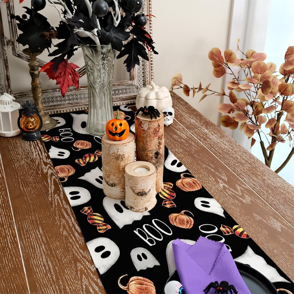 ARKENY Camino de mesa de Halloween de 13 x 36 pulgadas, calabaza espeluznante fantasma Candy Boo, arpillera de temporada para interiores, cocina,