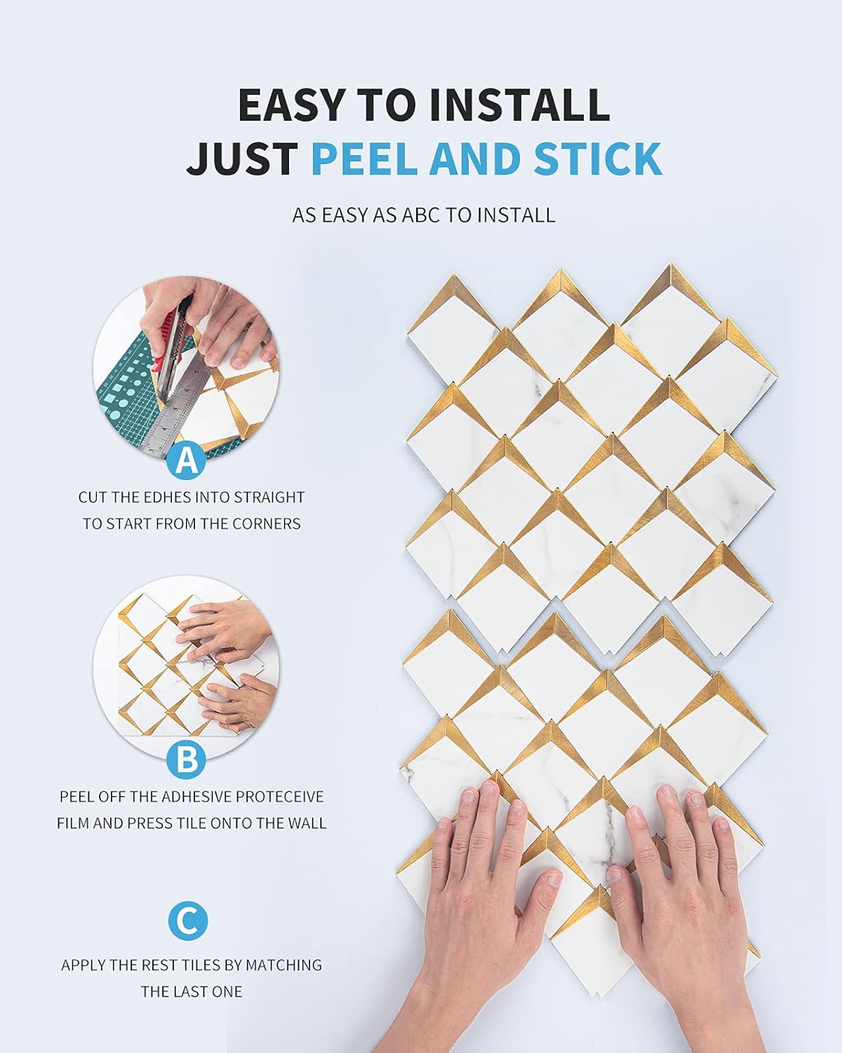 Art3d 10 hojas para despegar y pegar para decoración de cocina, azulejos de mosaico de diamante autoadhesivos para chimenea y baño