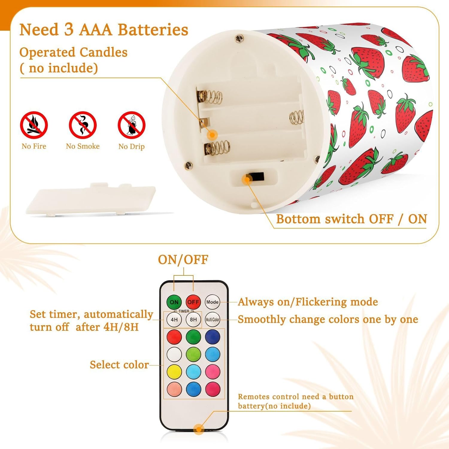 DOMIKING Velas LED eléctricas sin llama de fresas con temporizador, funciona con pilas, velas parpadeantes para centro de mesa, decoración votiva