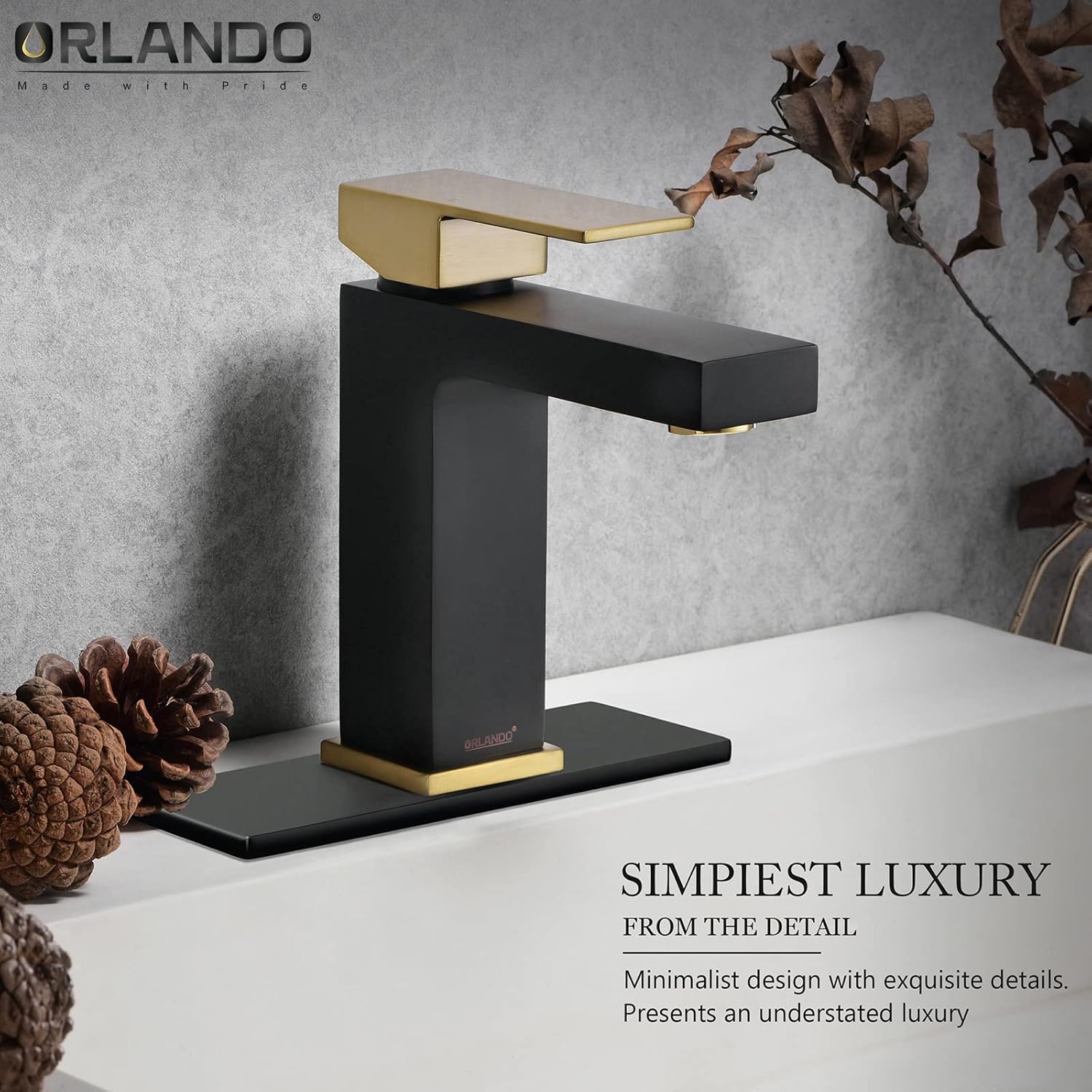 ORLANDO Grifo de baño negro y dorado de un solo agujero, grifo de lavabo de baño de una sola manija para fregadero de baño, grifo de baño de latón
