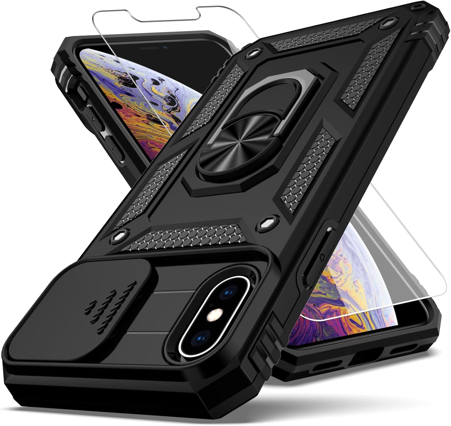 Funda para iPhone X, iPhone Xs, con protector de pantalla de cámara deslizante HD, protección de cámara soporte giratorio magnético funda protectora