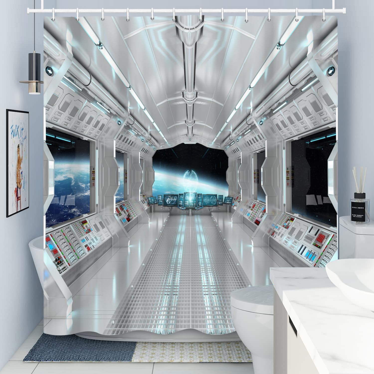 Cortinas de ducha de nave espacial blanca para decoración de baño, 72 pulgadas de ancho x 72 pulgadas de alto, juego de cortinas de ducha con