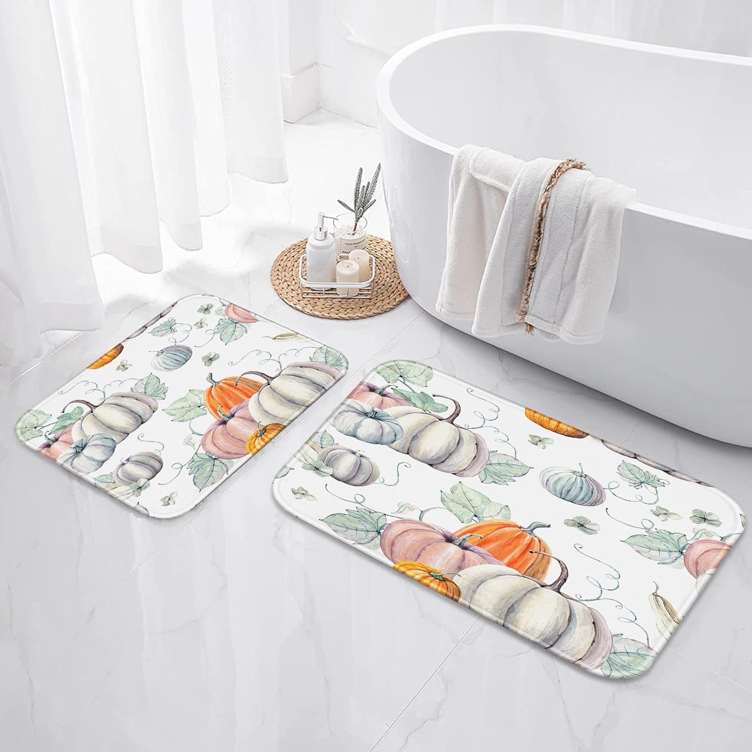 Juego de baño de calabazas de otoño con cortina de ducha y alfombras y accesorios, juego de cortinas de ducha de hojas de otoño para Acción de