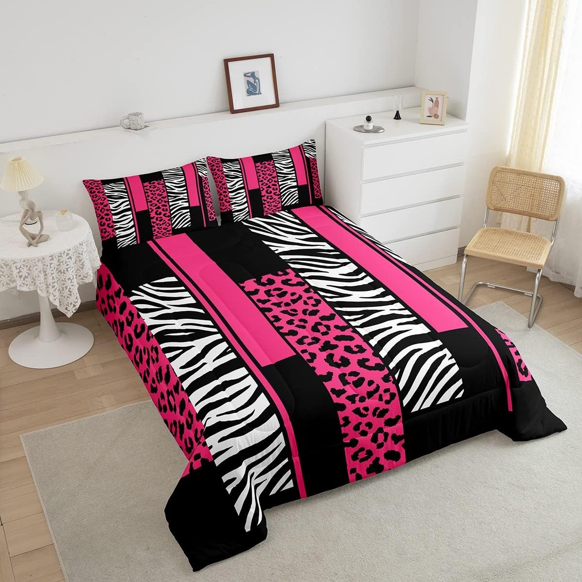 Feelyou Juego de edredón de cebra de leopardo, tamaño individual, para niños, rosa, blanco, negro, para niños, adolescentes, juego de ropa de cama
