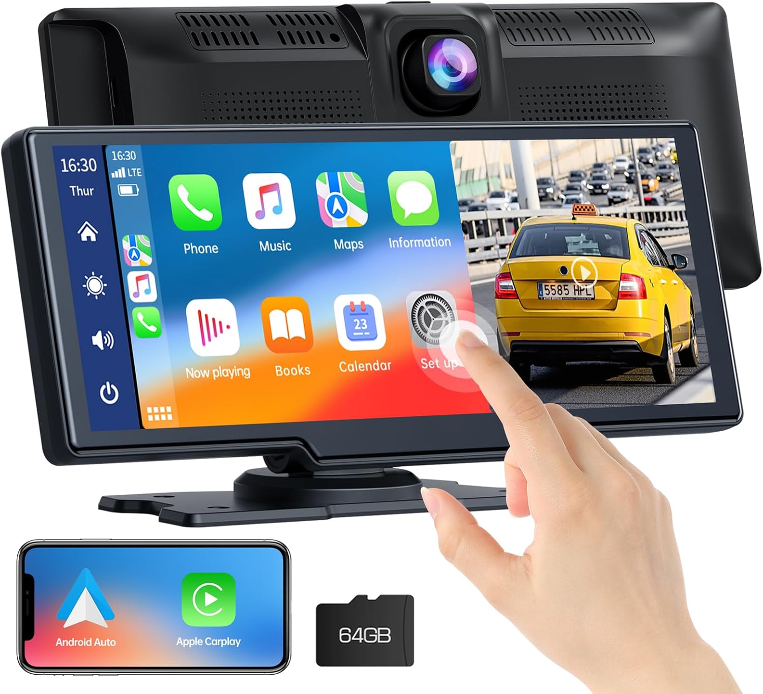 LAMTTO Carplay inalámbrico y Android Auto con cámara frontal de tablero 2K, pantalla táctil portátil de 9.26 pulgadas para automóvil, receptor de