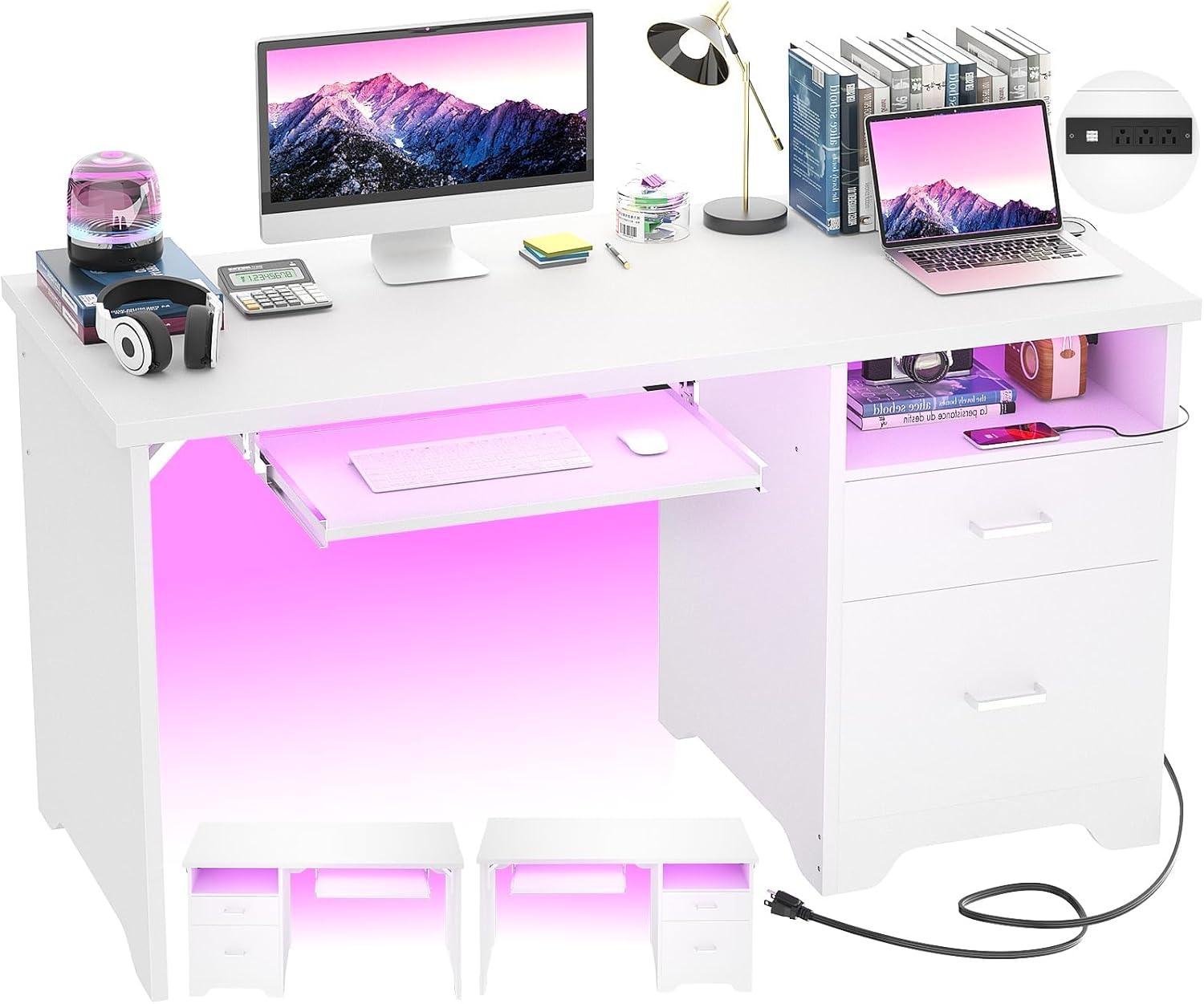 Escritorio reversible para computadora con cajones de archivos, escritorio de oficina de 55 pulgadas con luz LED RGB y toma de corriente, escritorio