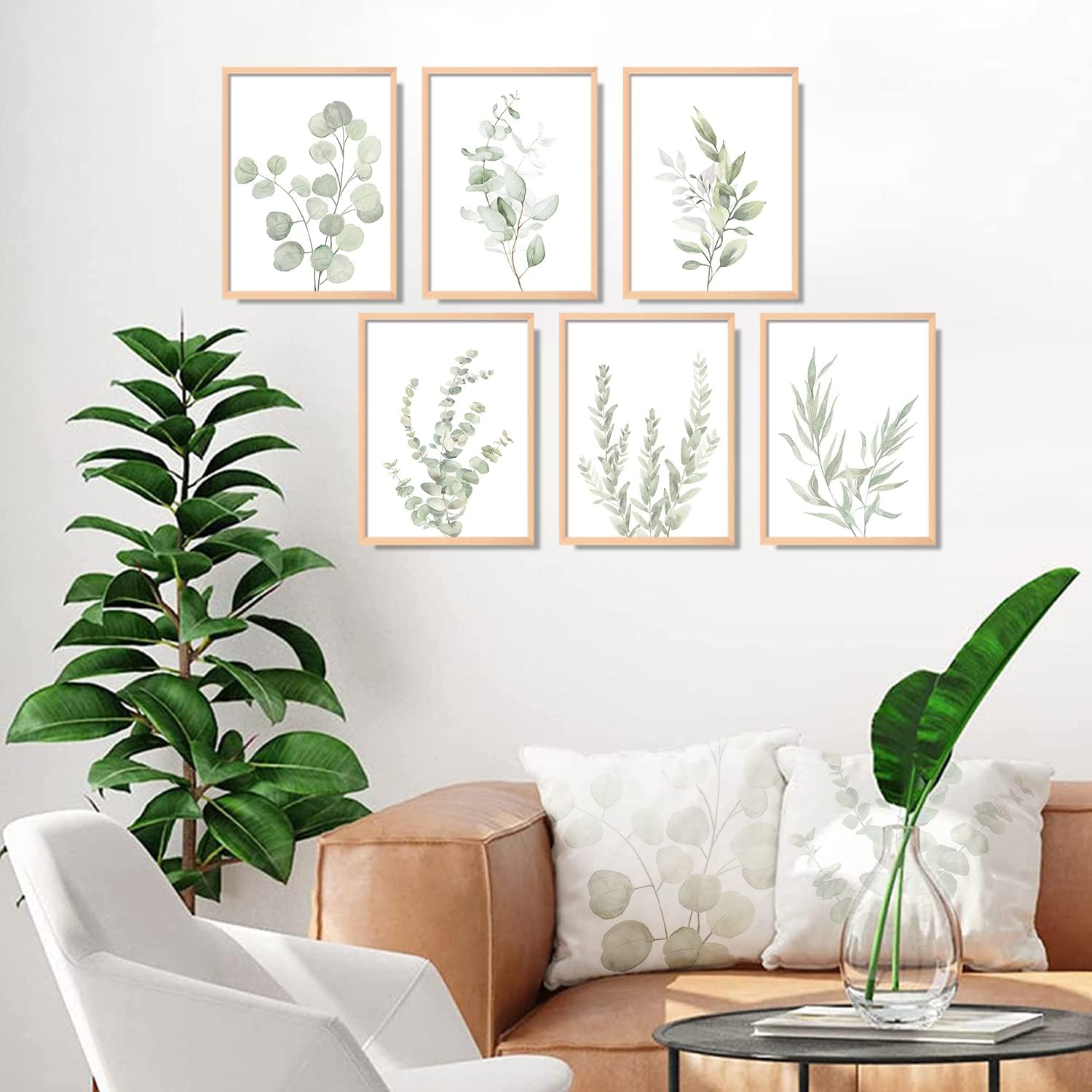 NCYEL Arte de pared con plantas botánicas, decoración bohemia para baño, impresiones artísticas de pared de hojas de eucalipto verde claro, arte de