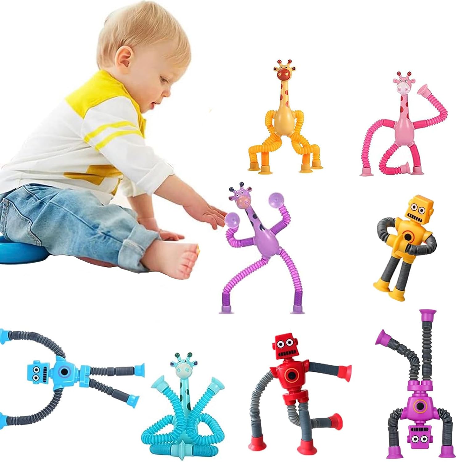 Paquete de 8 juguetes telescópicos de jirafa robot con ventosa, tubos sensoriales para niños pequeños, juguetes antiestrés para niños con ansiedad