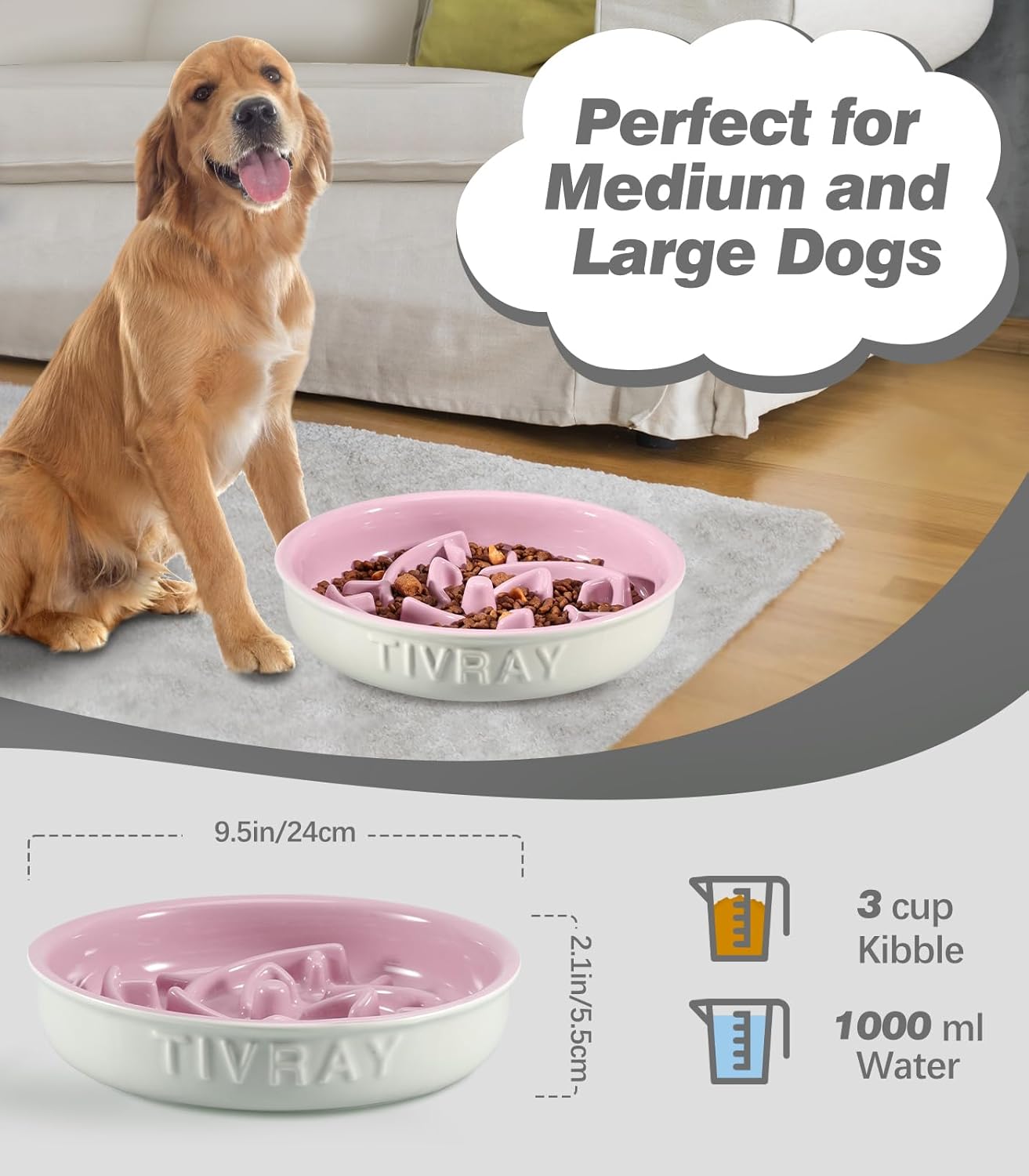 Tivray Cuenco para perros de razas grandes, cerámica, alimentador lento, 3 tazas, antideslizante, pesado, apto para horno microondas