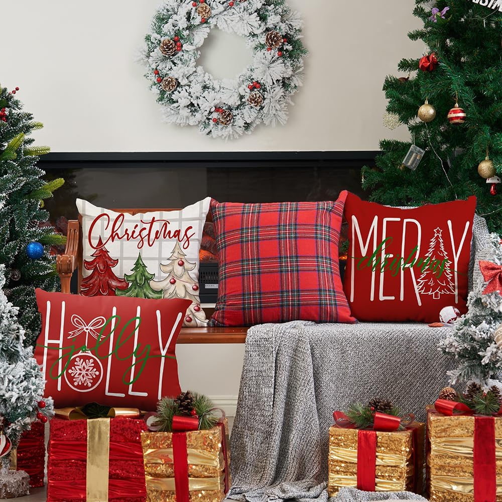 DFXSZ Juego de 4 fundas de almohada de Navidad de 18 x 18 pulgadas, diseño de árbol de Navidad, Papá Noel, decoración de casa de campo para el