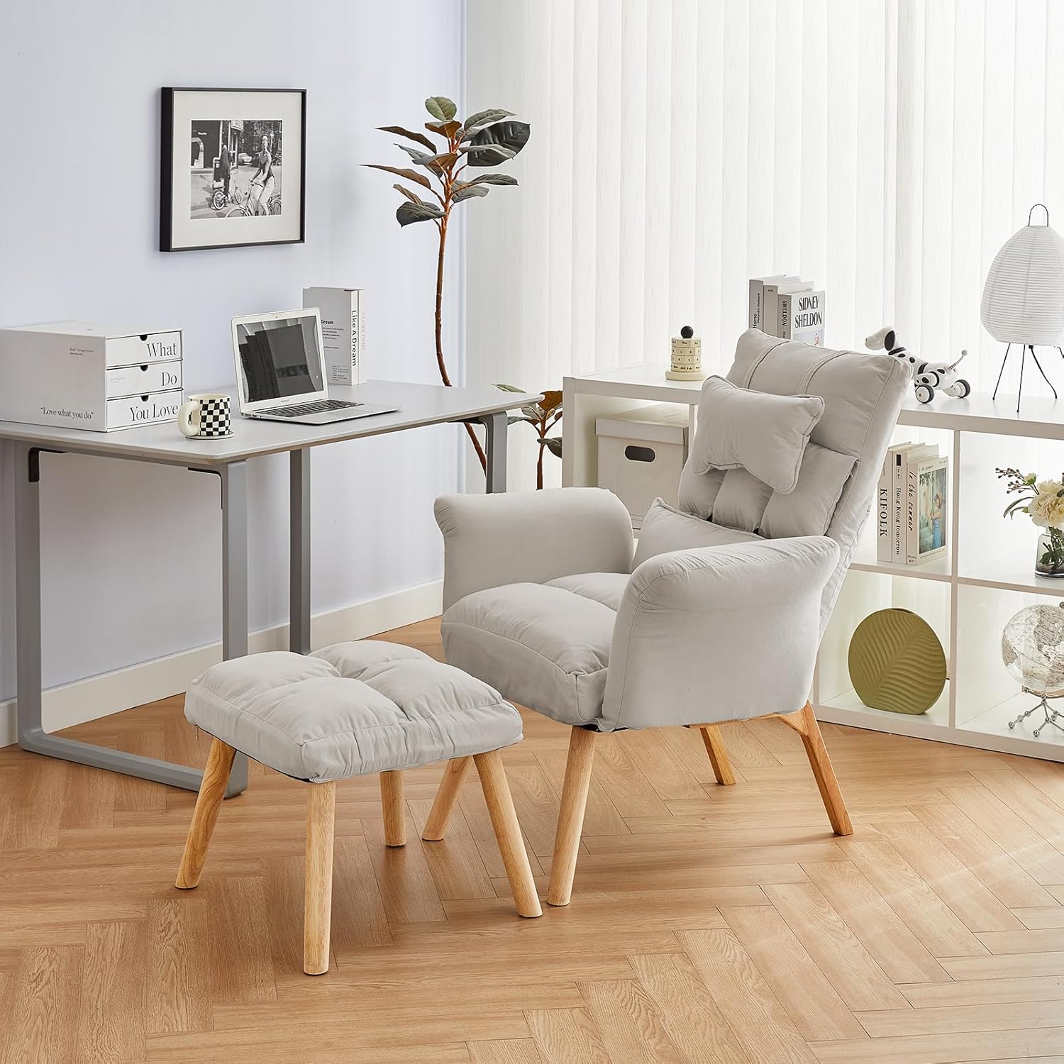 CLIPOP Silla decorativa moderna con otomana, sillón de tela de lino con respaldo ajustable (5 ángulos), patas de madera maciza, cómoda silla de