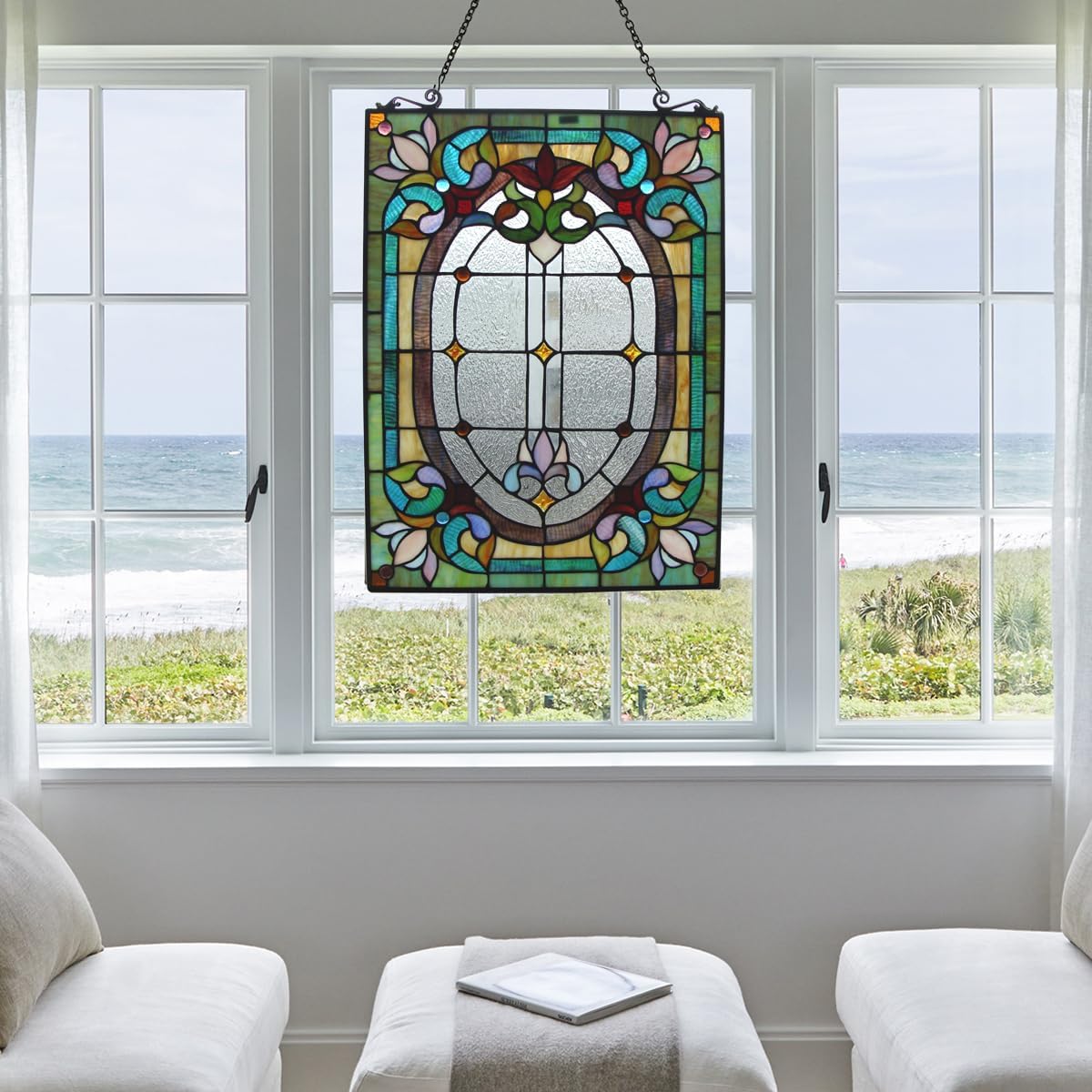Fine Art Lighting Tiffany – Panel de ventana de vitral de 18 x 24 pulgadas, 100% vitral, 204 cortes de vidrio, 18 x 24 pulgadas, cadena para colgar